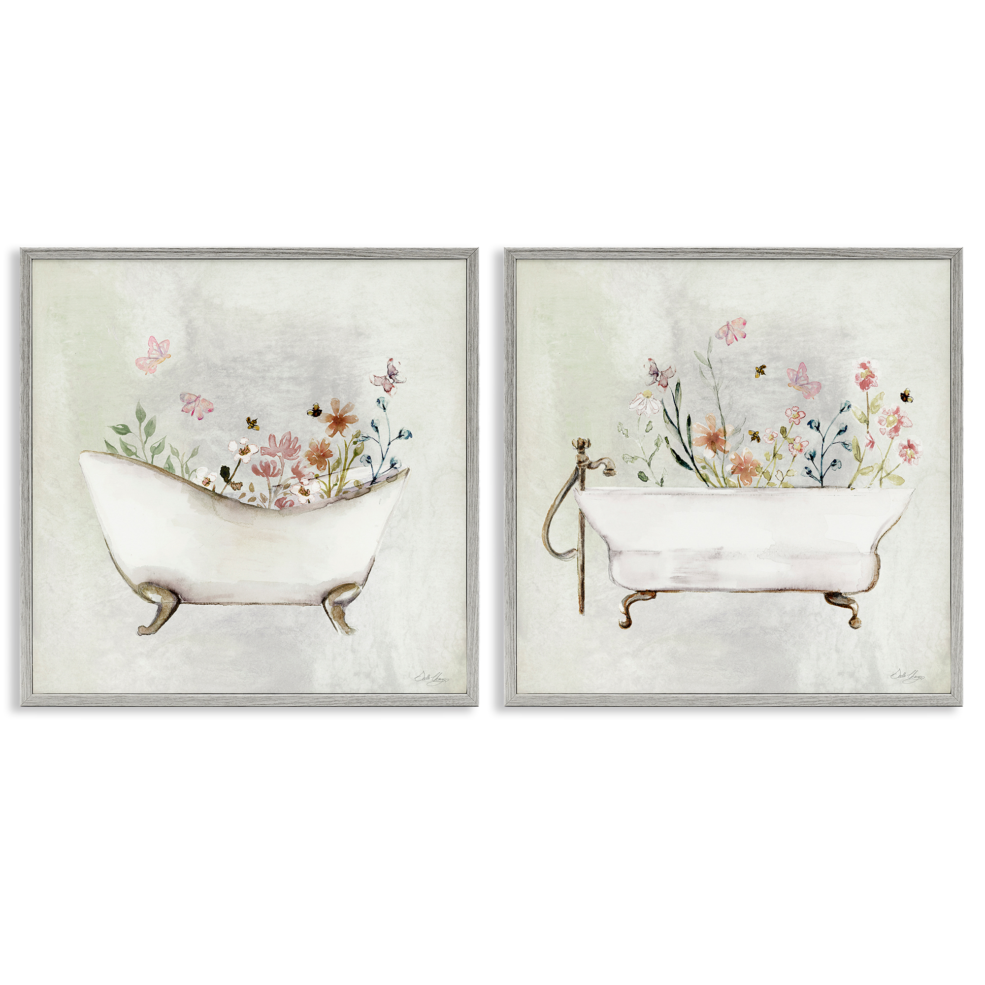 Stupell Industries Clawfoot Flower Garden Bees Bath & Laundry Painting Gray Framed Art Print Wall Art, 17 x 17, Set of 2