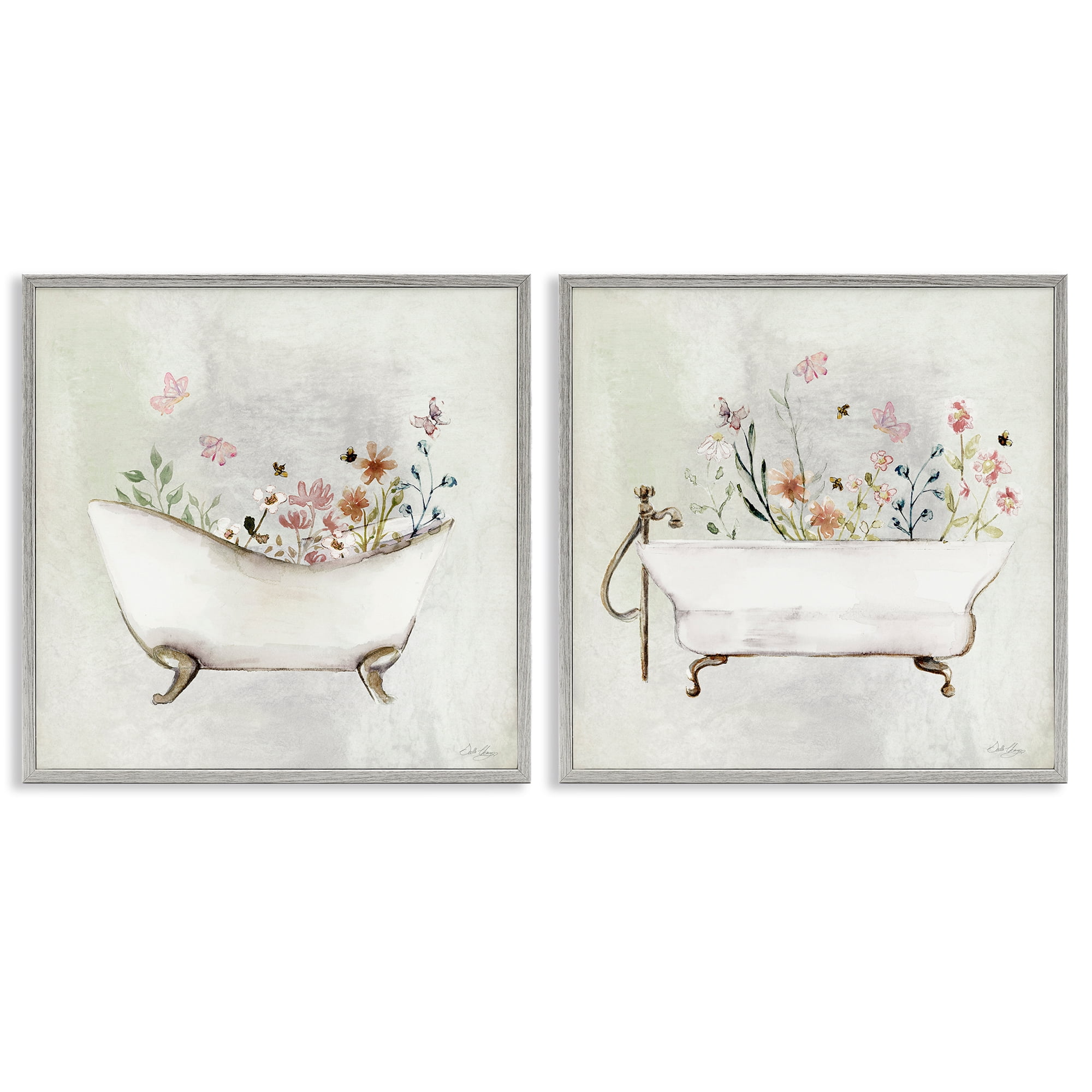 Stupell Industries Clawfoot Flower Garden Bees Bath & Laundry Painting Gray Framed Art Print Wall Art, 24 x 24, Set of 2