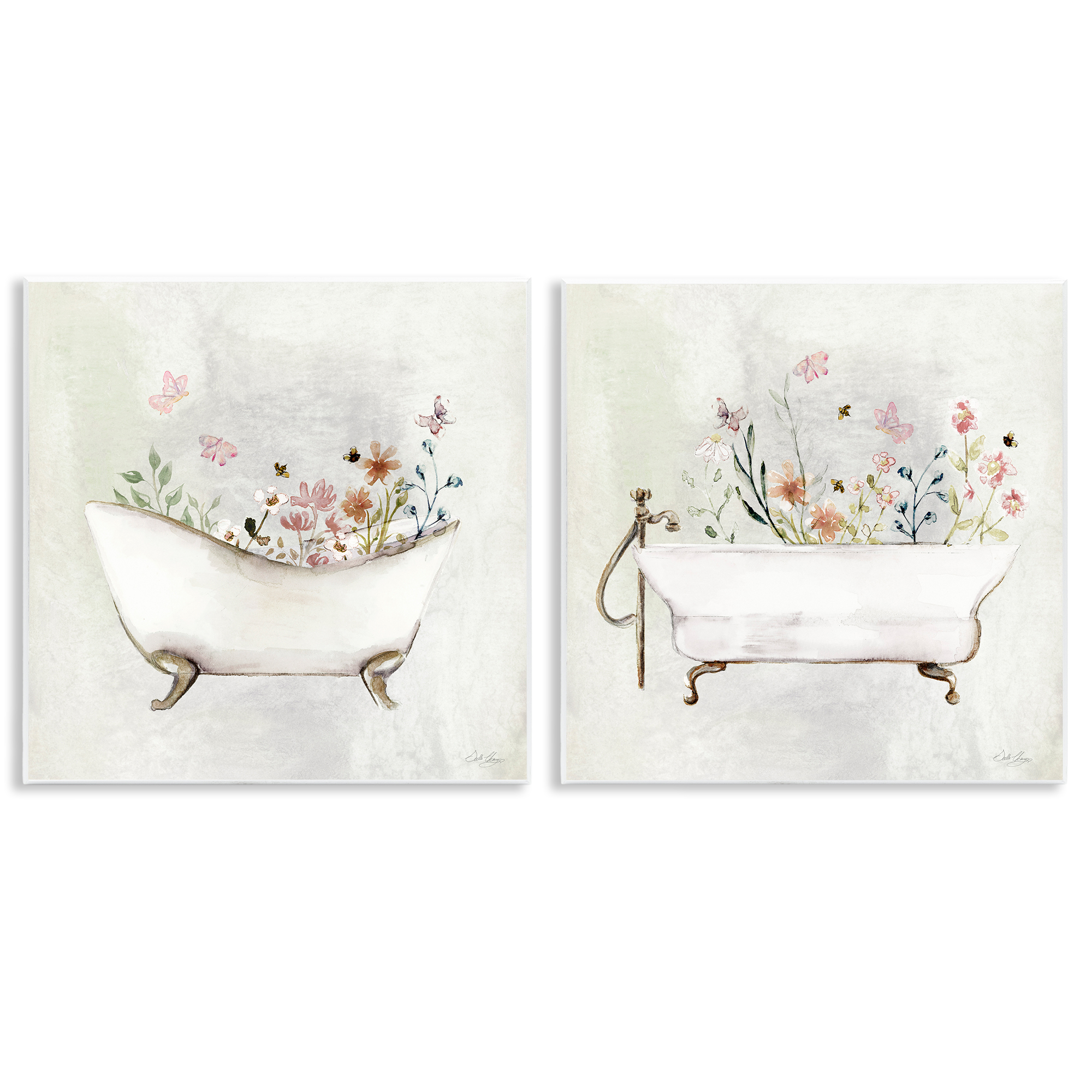 Stupell Industries Clawfoot Flower Garden Bees Bath & Laundry Painting Unframed Art Print Wall Art, 12 x 12, Set of 2