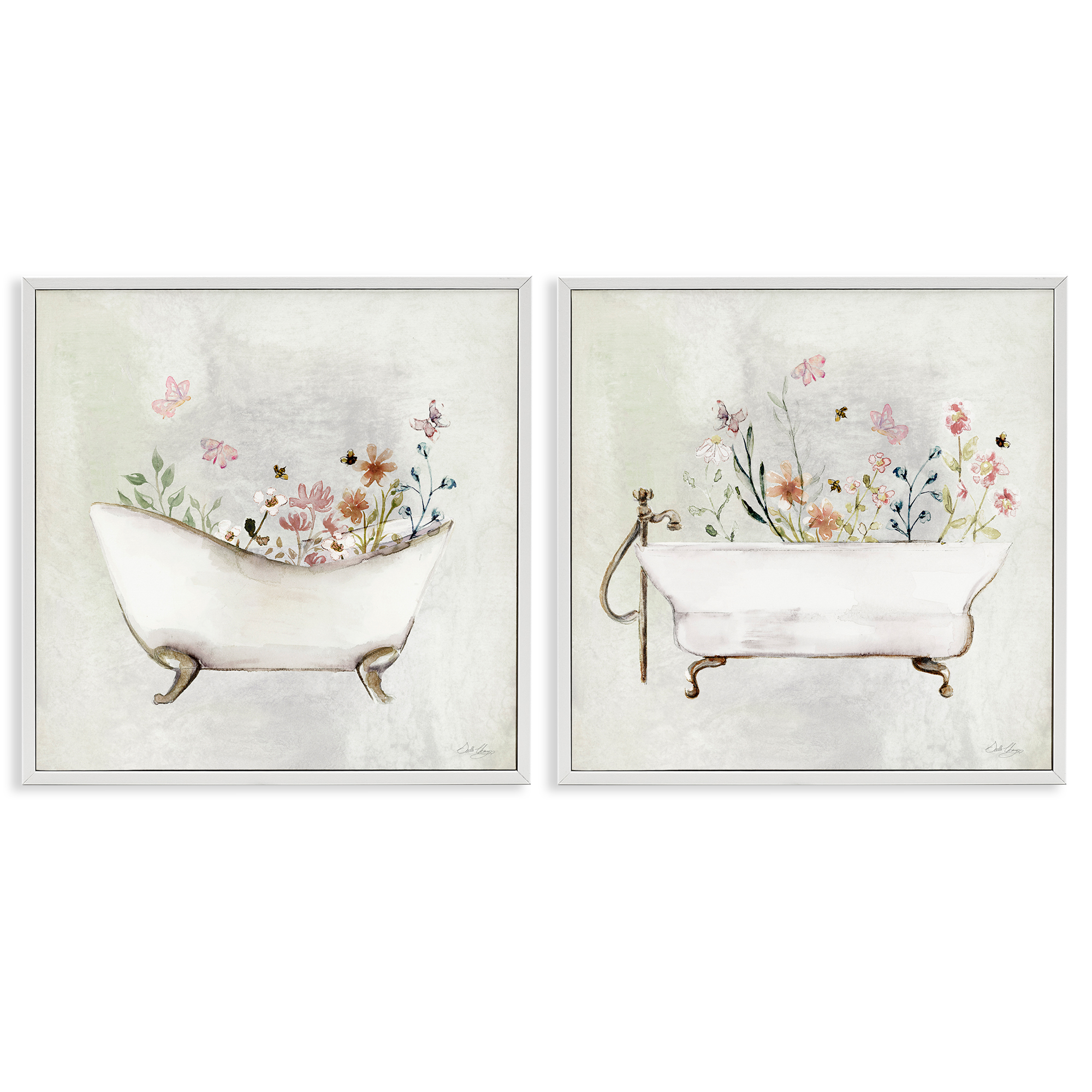 Stupell Industries Clawfoot Flower Garden Bees Bath & Laundry Painting White Framed Art Print Wall Art, 12 x 12, Set of 2