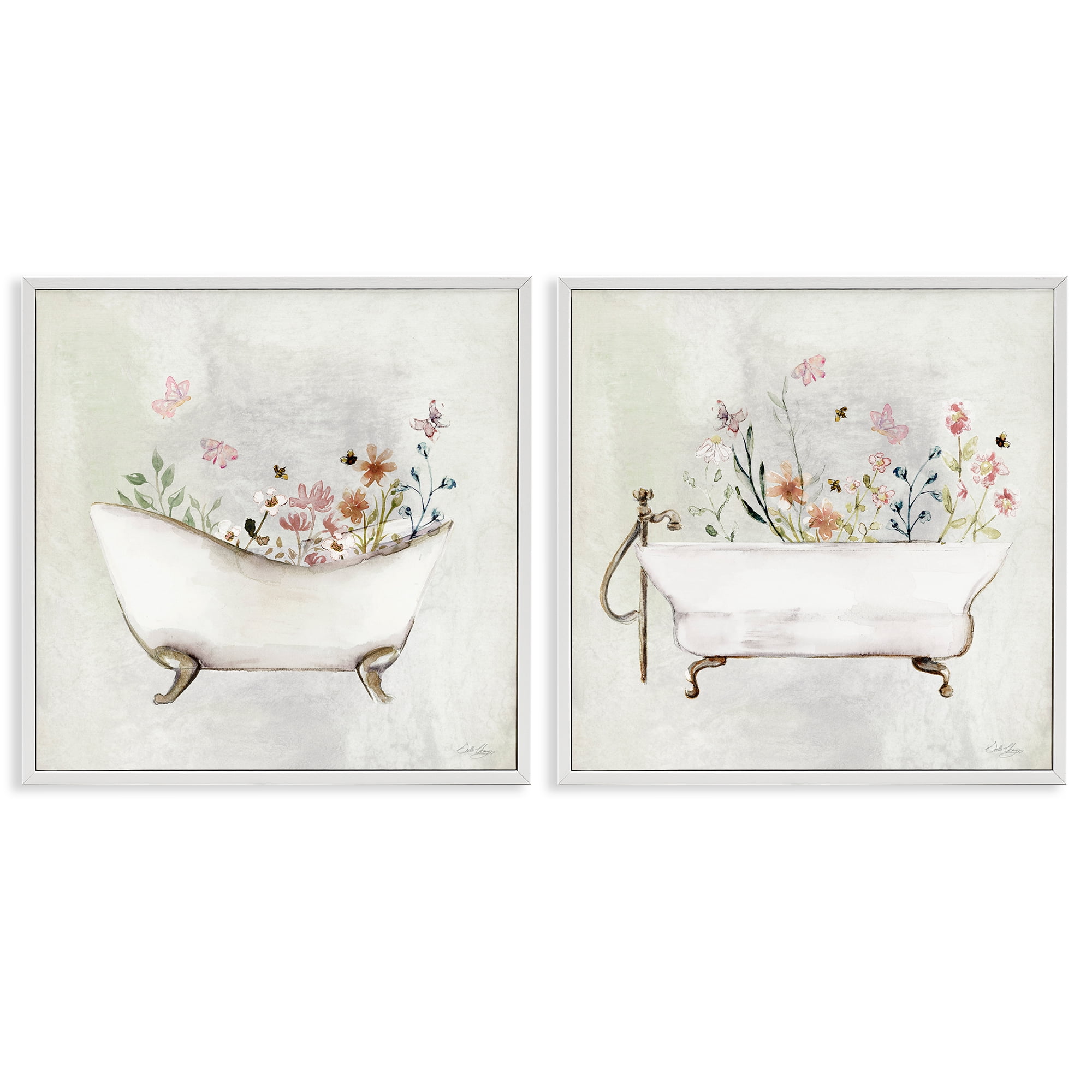 Stupell Industries Clawfoot Flower Garden Bees Bath & Laundry Painting White Framed Art Print Wall Art, 17 x 17, Set of 2