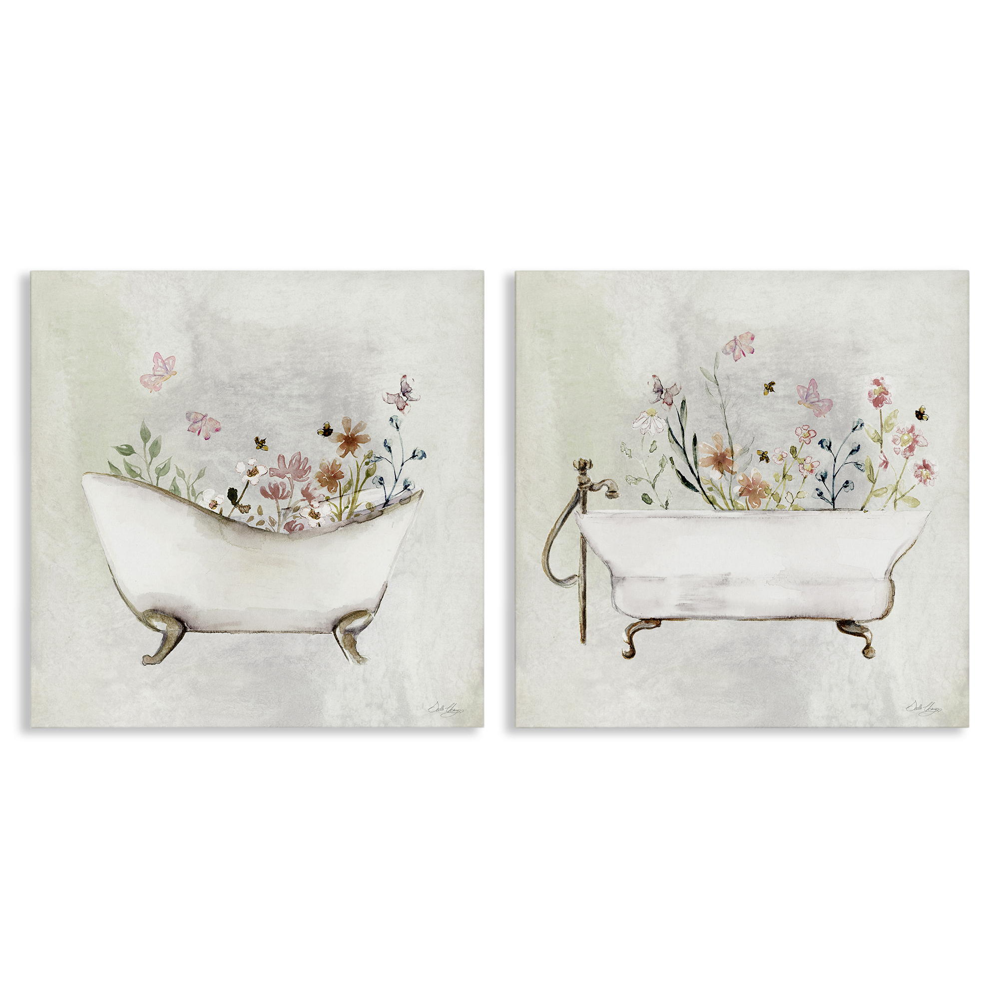 Stupell Industries Clawfoot Flower Garden Bees Bath & Laundry Painting Wrapped Canvas Art Print Wall Art, 17 x 17, Set of 2