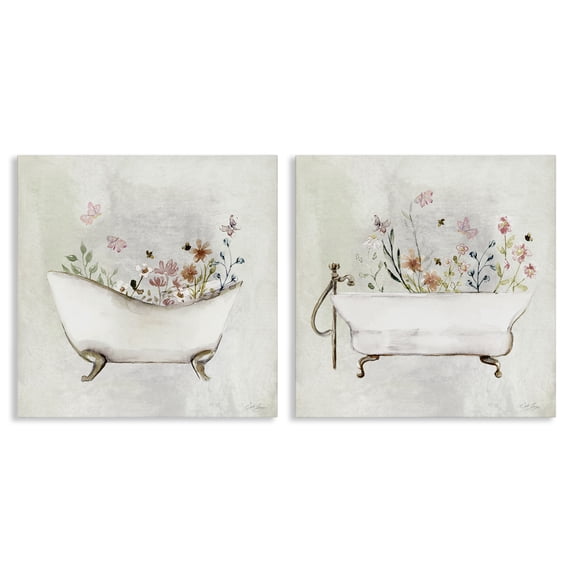Stupell Industries Clawfoot Flower Garden Bees Bath & Laundry Painting Wrapped Canvas Art Print Wall Art, 17 x 17, Set of 2