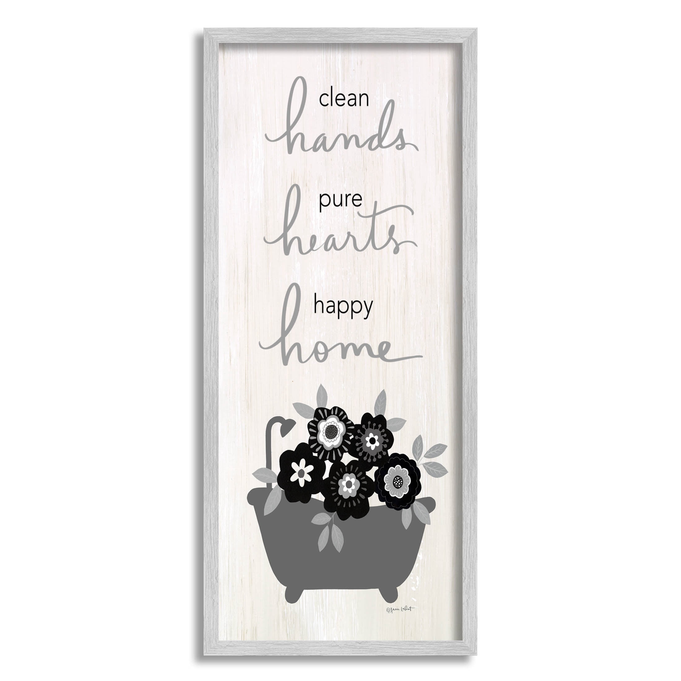 Stupell Industries Clean Hands Pure Hearts Floral Bathroom Graphic Art Gray Framed Art Print Wall Art, Design by Anna LaPoint