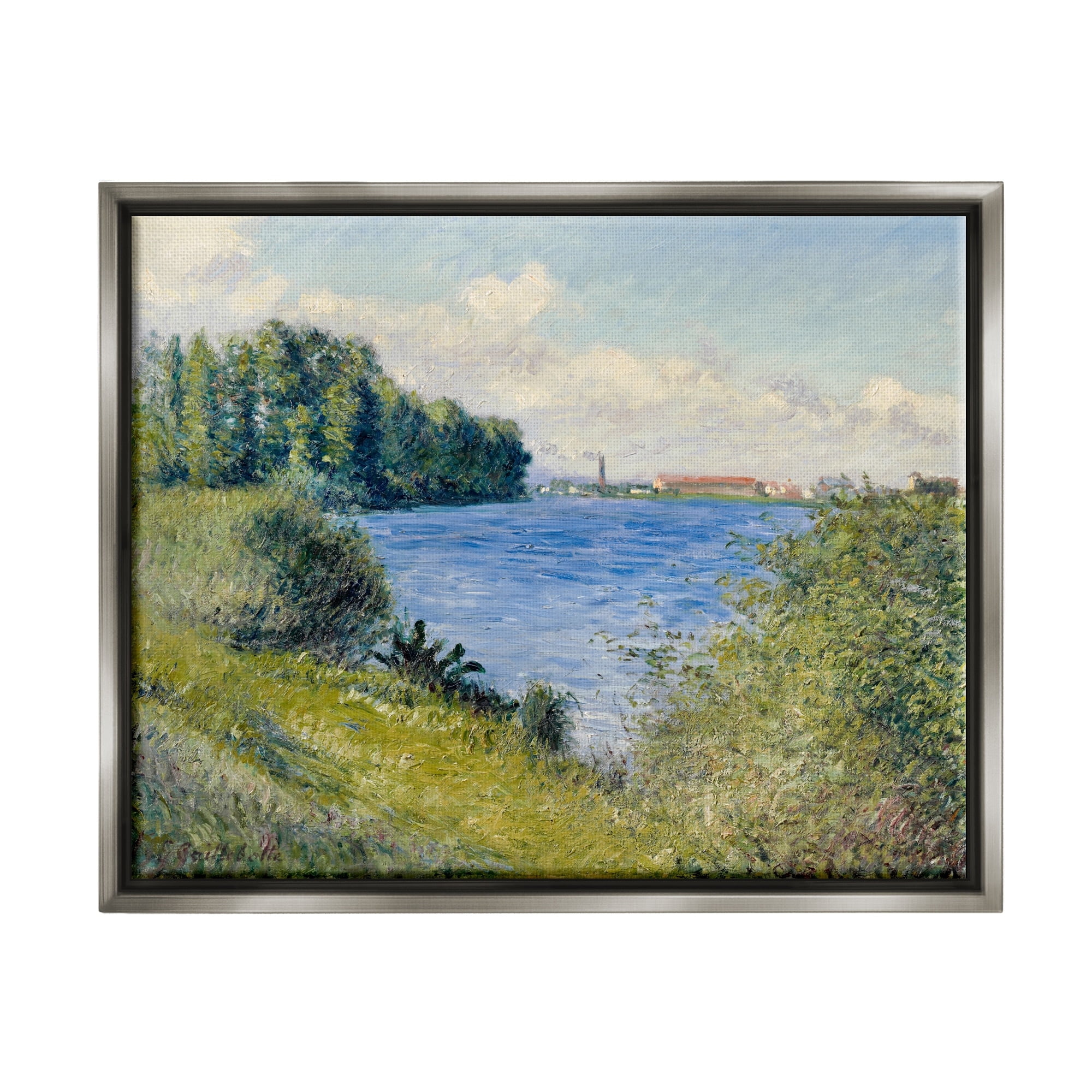 Stupell Industries Clear Blue Water Seaside Rural Grassland Trees Painting Luster Gray Floating Framed Canvas Print Wall Art, Design by Lettered and Lined