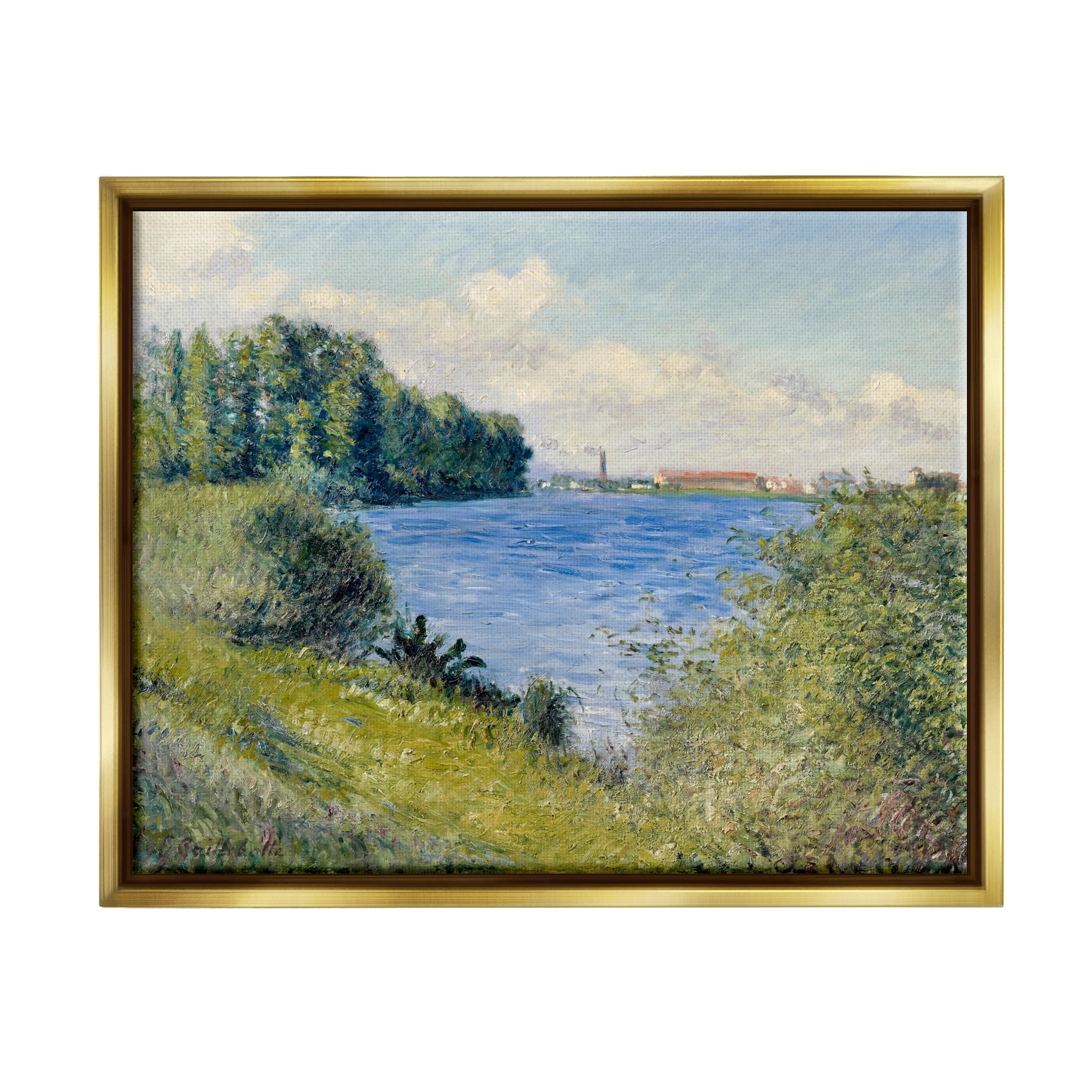 Stupell Industries Clear Blue Water Seaside Rural Grassland Trees Painting Metallic Gold Floating Framed Canvas Print Wall Art, Design by Lettered and Lined