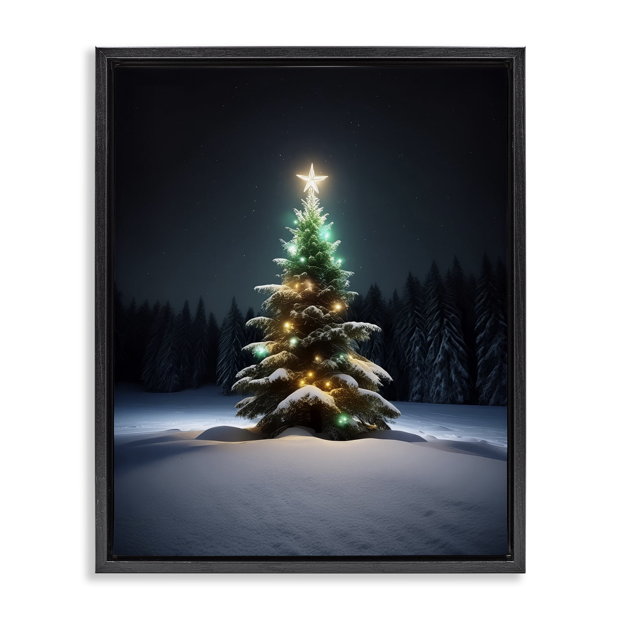 Stupell Industries Clear Night Snowy Tree Holiday Photography Black Floater Framed Canvas Art Prints Wall Art, 25 x 31