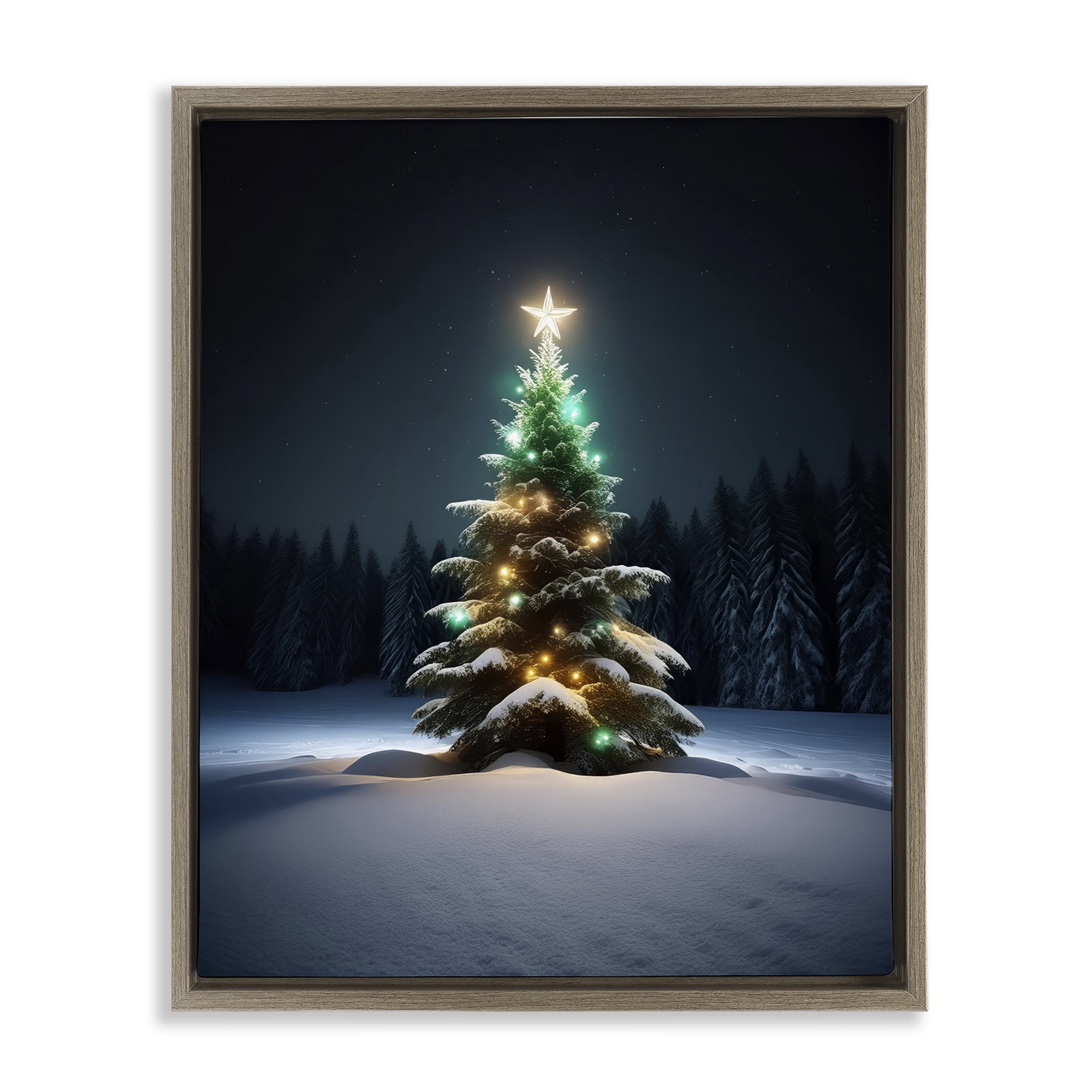 Stupell Industries Clear Night Snowy Tree Holiday Photography Brown Floater Framed Canvas Art Prints Wall Art, 17 x 21