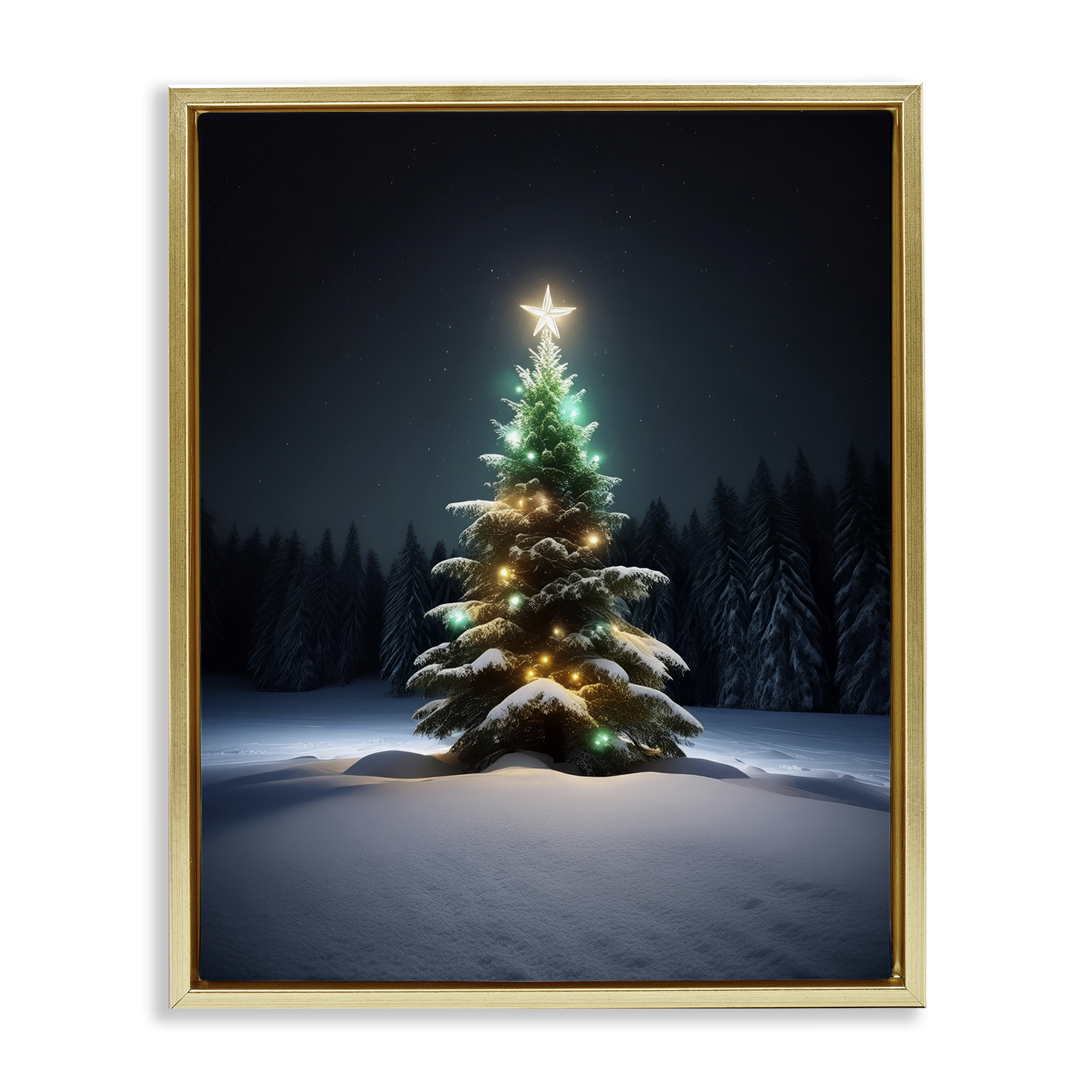 Stupell Industries Clear Night Snowy Tree Holiday Photography Gold Floater Framed Canvas Art Prints Wall Art, 17 x 21