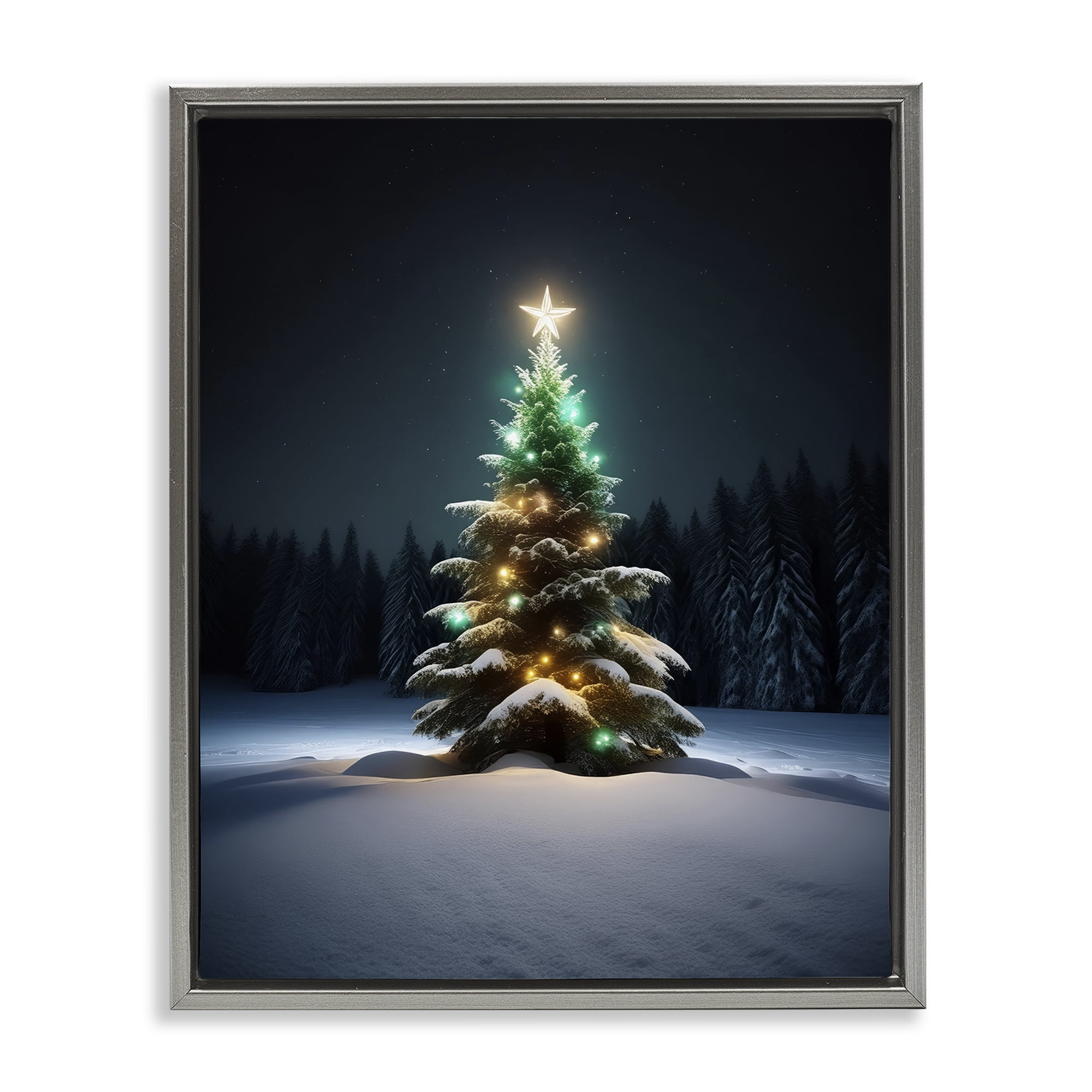 Stupell Industries Clear Night Snowy Tree Holiday Photography Gray Floater Framed Canvas Art Prints Wall Art, 17 x 21