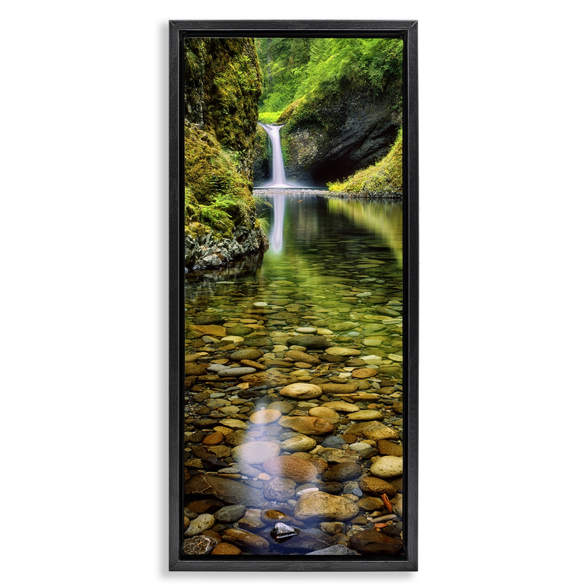 Stupell Industries Clear Stream Waterfall Photography Landscape Photography Black Floater Framed Canvas Art Print Wall Art, 15 x 31