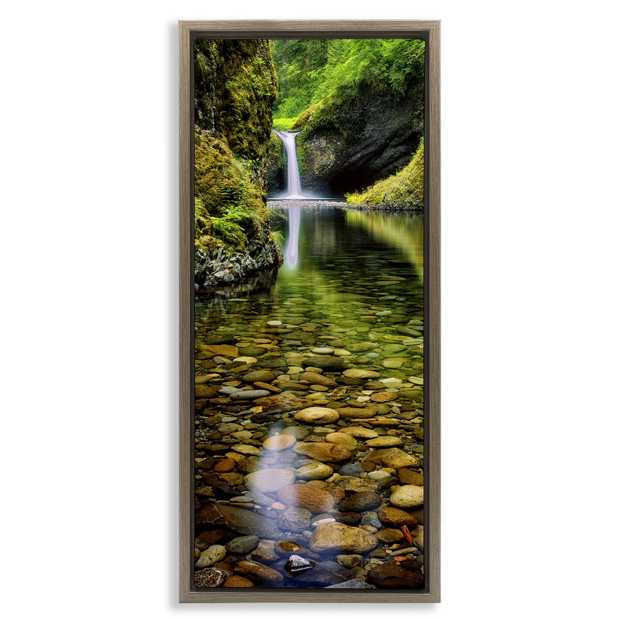 Stupell Industries Clear Stream Waterfall Photography Landscape Photography Brown Floater Framed Canvas Art Print Wall Art, 11 x 25