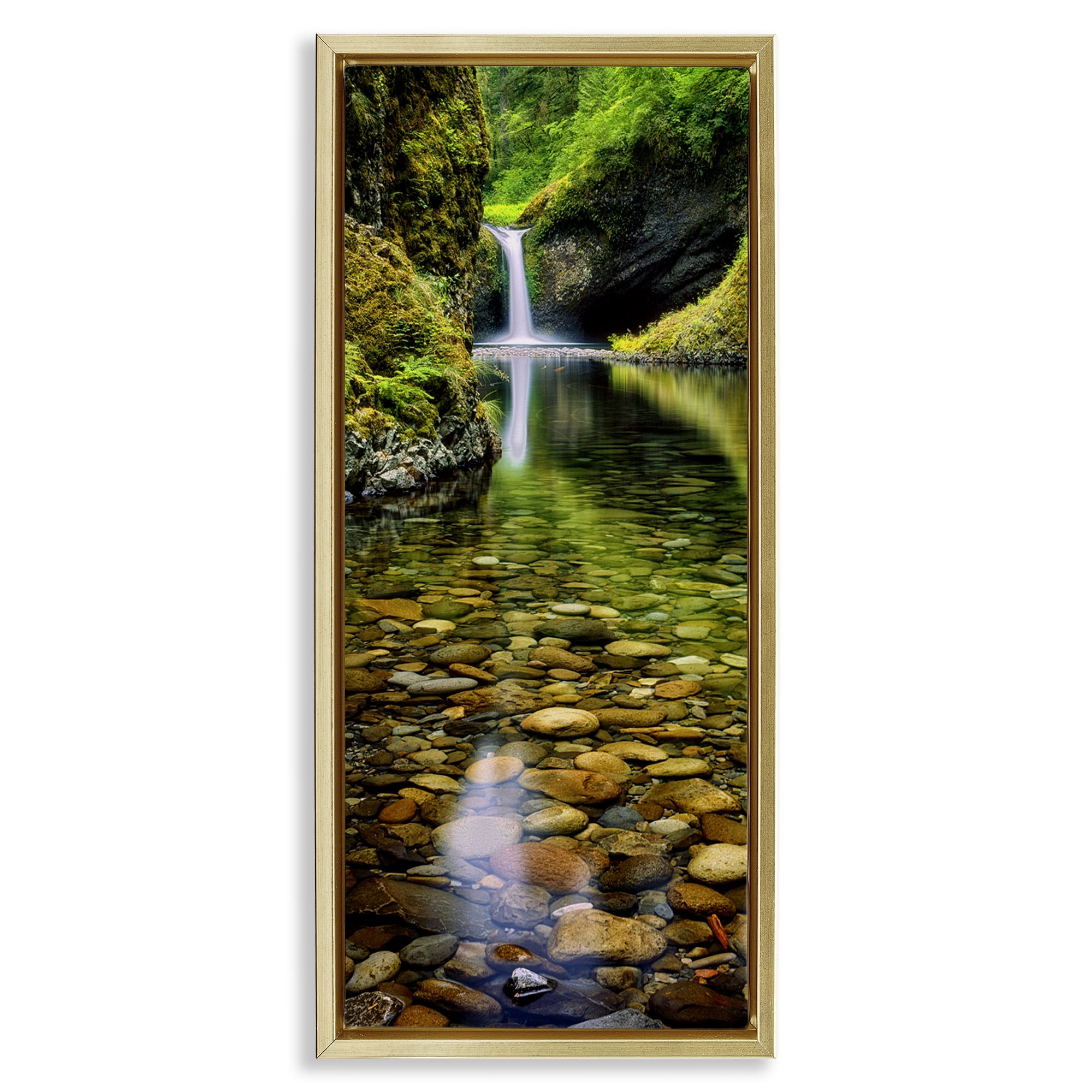 Stupell Industries Clear Stream Waterfall Photography Landscape Photography Gold Floater Framed Canvas Art Print Wall Art, 11 x 25