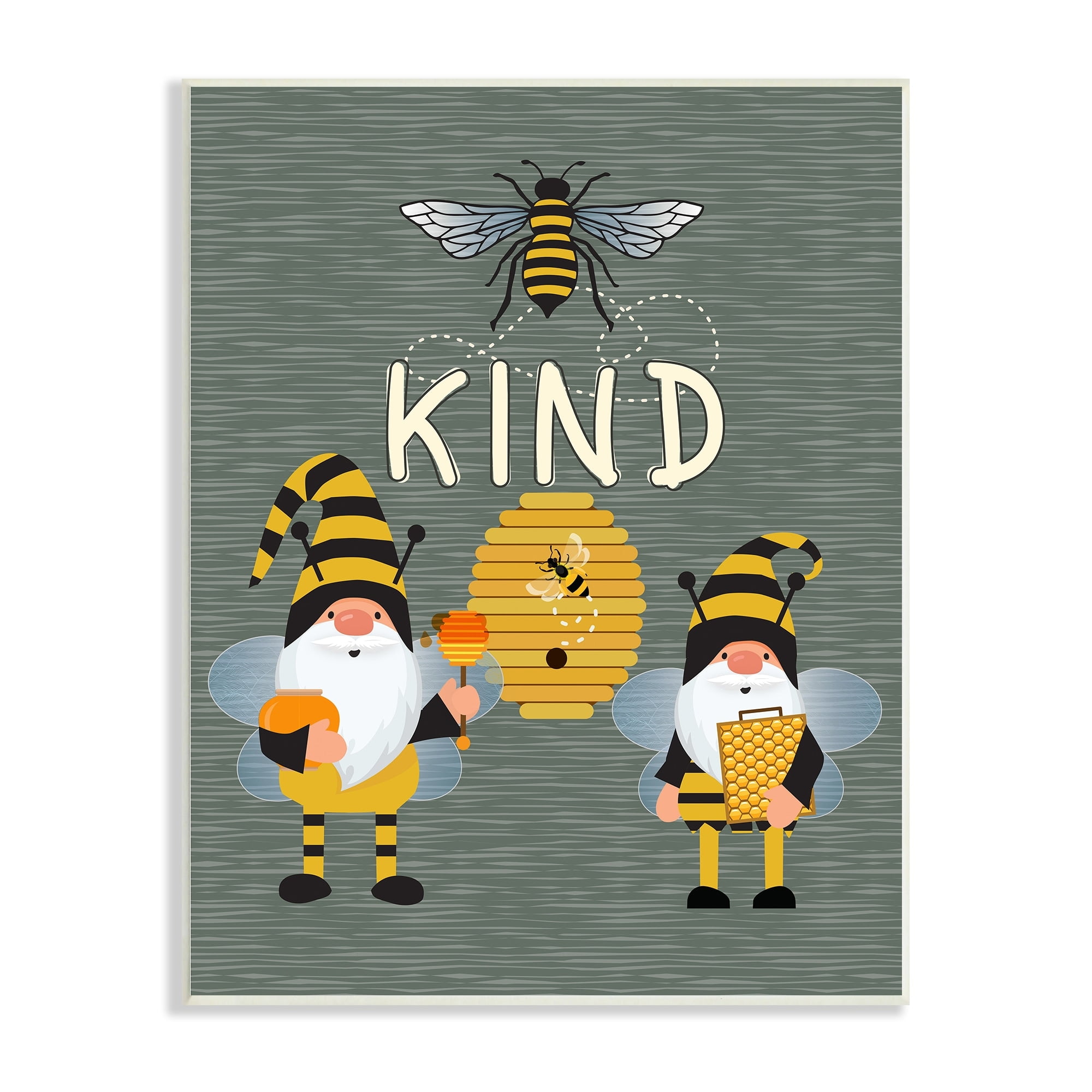 Stupell Industries Clever Be Kind Garden Gnomes Bumble Bees Buzzing Wood Wall Art, 10 x 15, Design by Linda Birtel