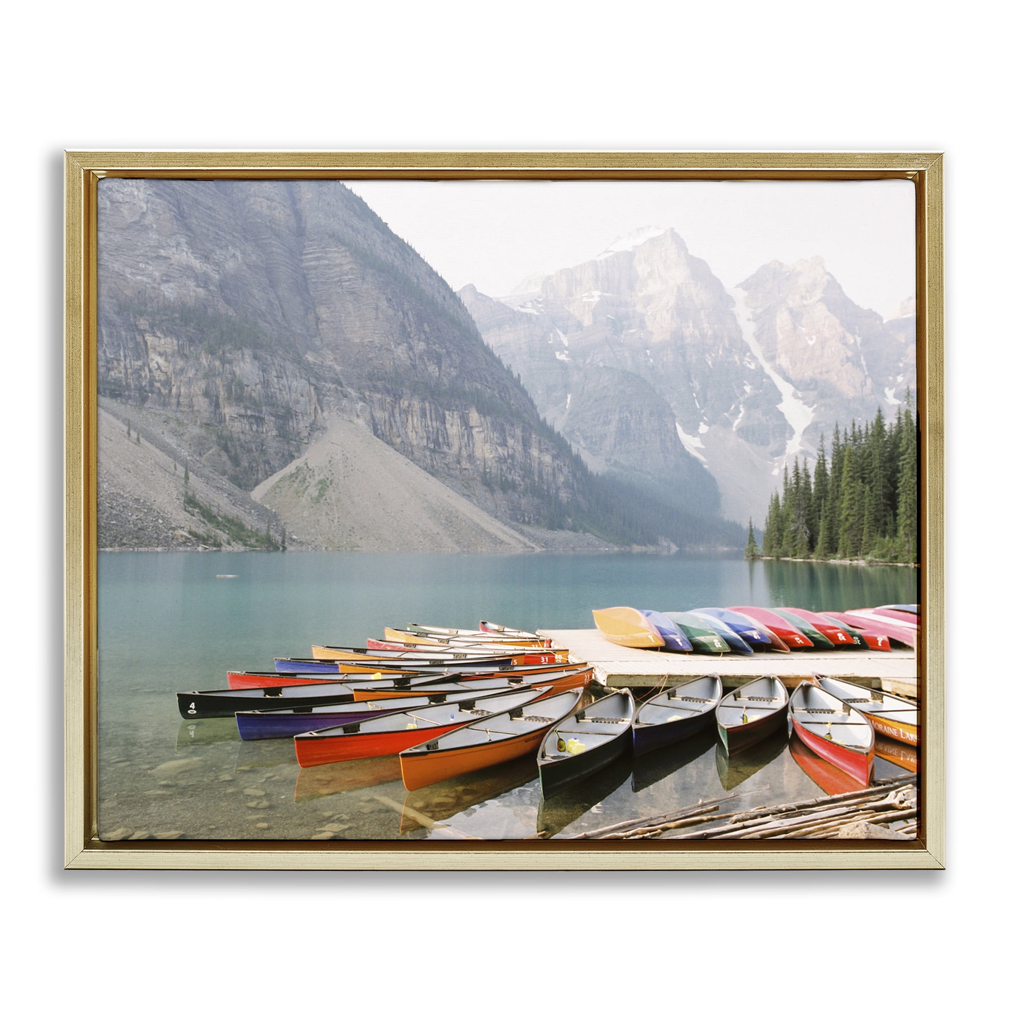 Stupell Industries Cliffside Canoe Dock Landscape Photography Gold Floater Framed Art Print Wall Art, 21 x 17