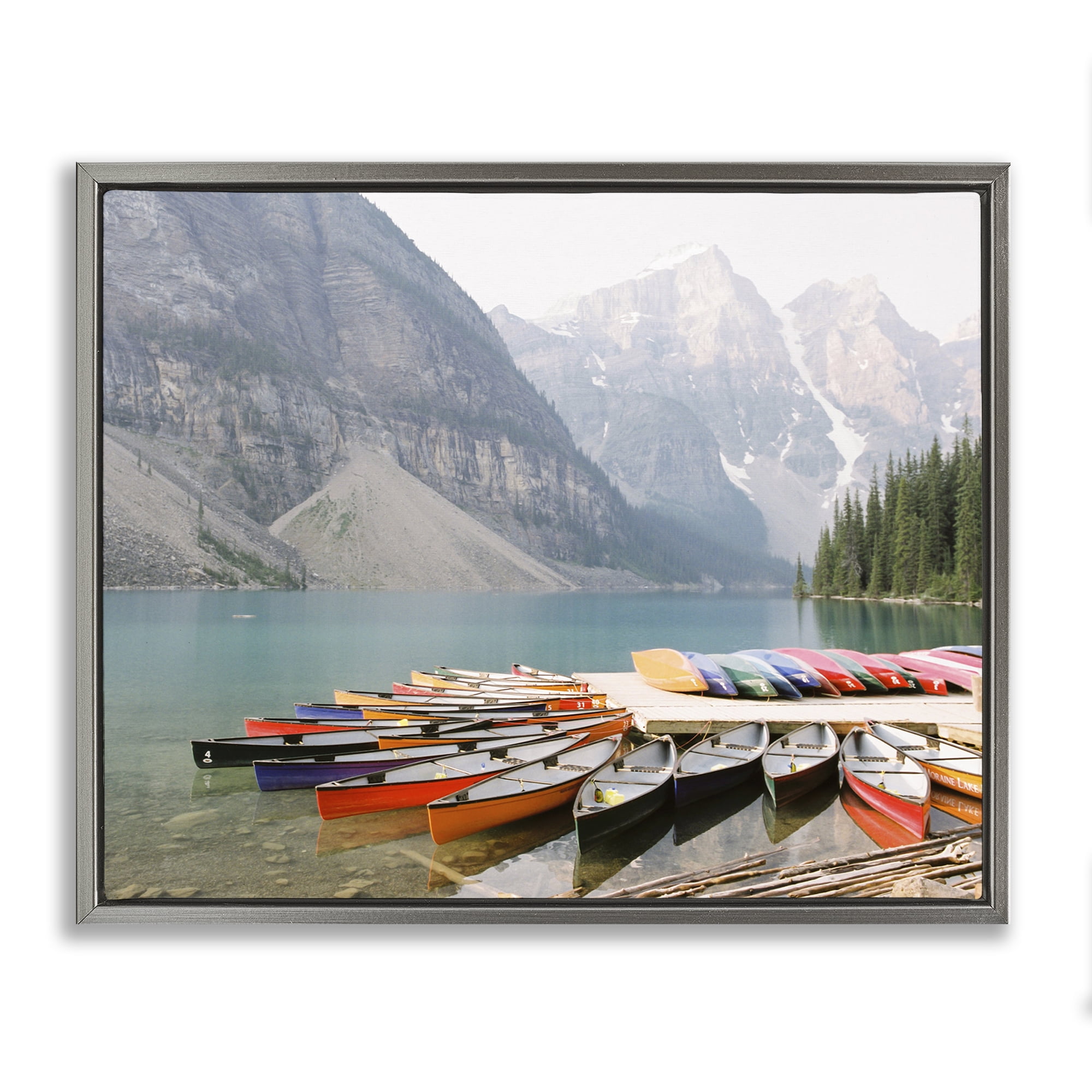 Stupell Industries Cliffside Canoe Dock Landscape Photography Gray Floater Framed Art Print Wall Art, 31 x 25