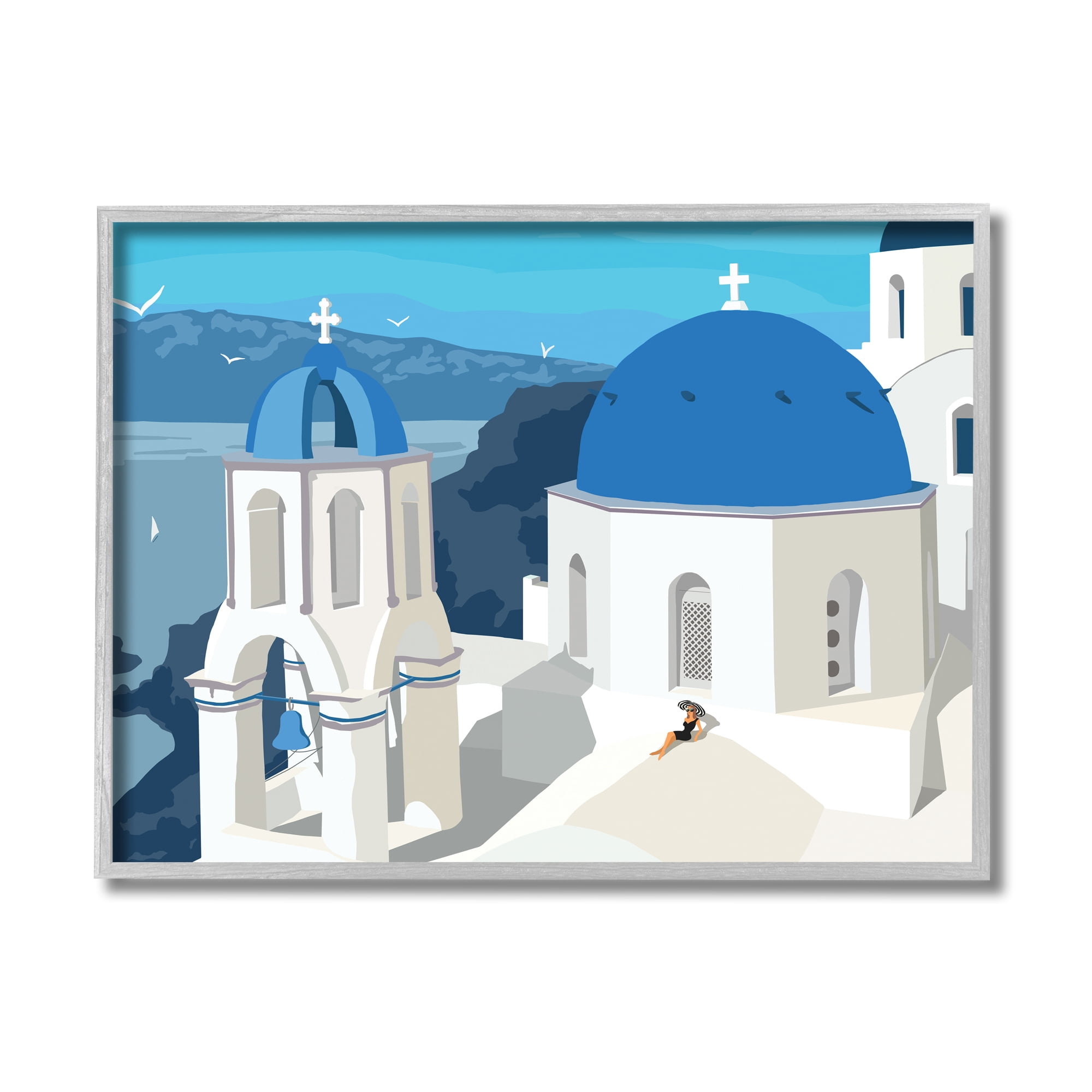 Stupell Industries Cliffside European Church Architecture Woman Resting Abstract Painting Gray Framed Art Print Wall Art, 11 x 14