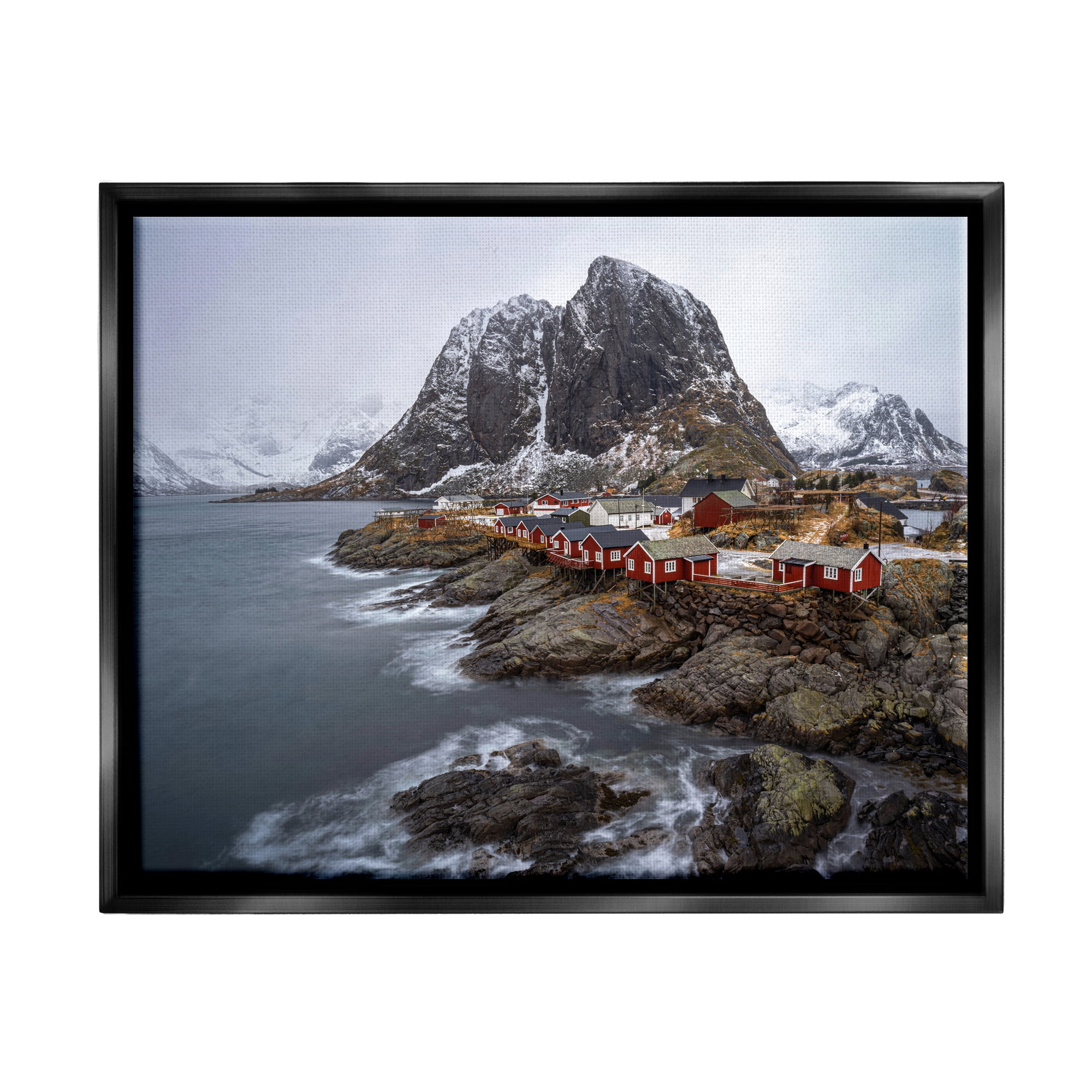 Stupell Industries Cliffside Nautical Town Landscape Photography Black Floater Framed Canvas Art Print Wall Art, 31 x 25