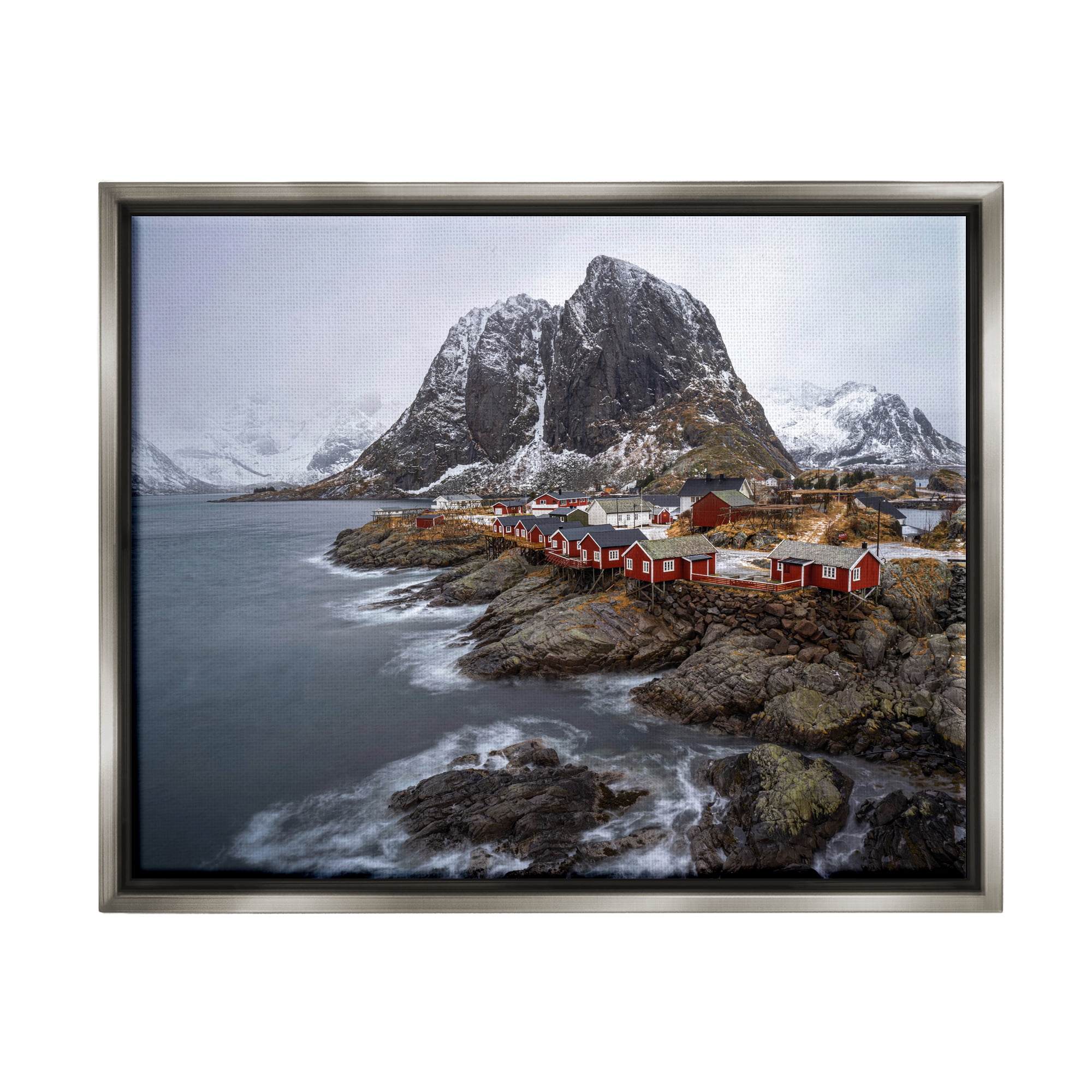 Stupell Industries Cliffside Nautical Town Landscape Photography Gray Floater Framed Canvas Art Print Wall Art, 21 x 17