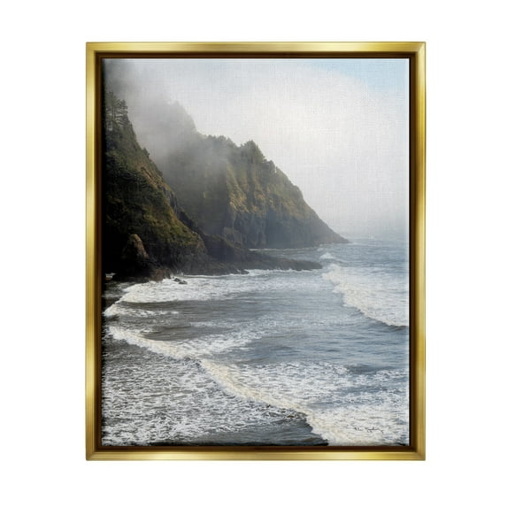 Stupell Industries Cliffside Sea Waves Landscape Nature Photography Gold Floater Framed Art Print Wall Art, 25 x 31