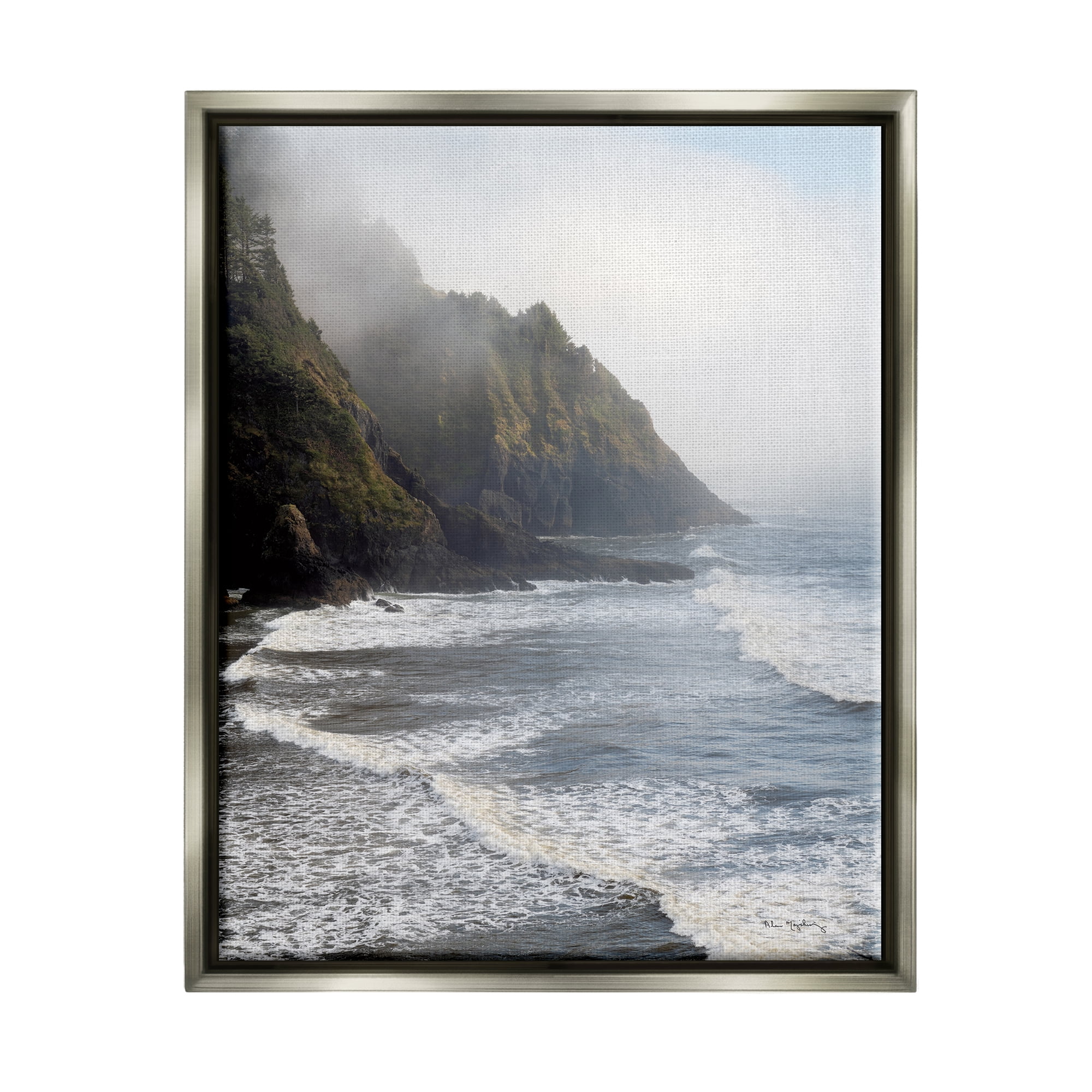 Stupell Industries Cliffside Sea Waves Landscape Nature Photography Gray Floater Framed Art Print Wall Art, 17 x 21