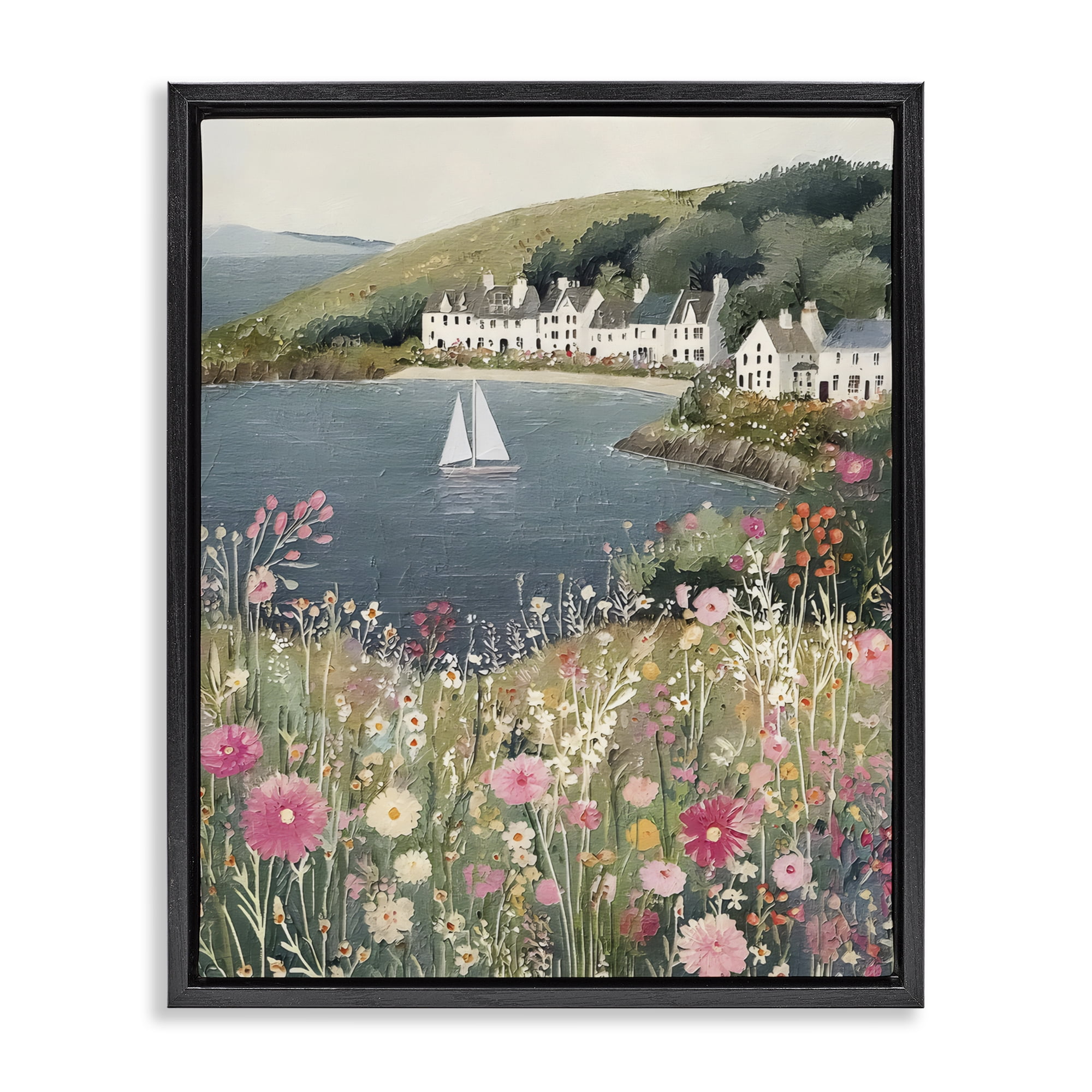 Stupell Industries Clifftop Meadow & Sailboat Black Framed Floater Canvas Wall Art, design by Riley B