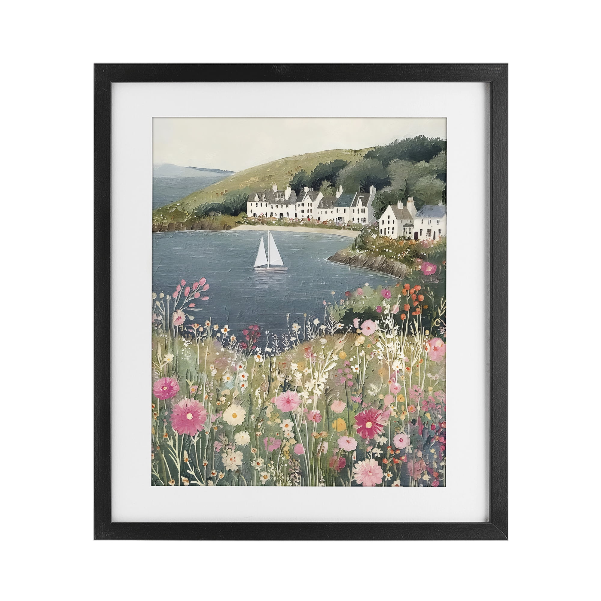 Stupell Industries Clifftop Meadow & Sailboat Black Framed Print Under Glass, design by Riley B