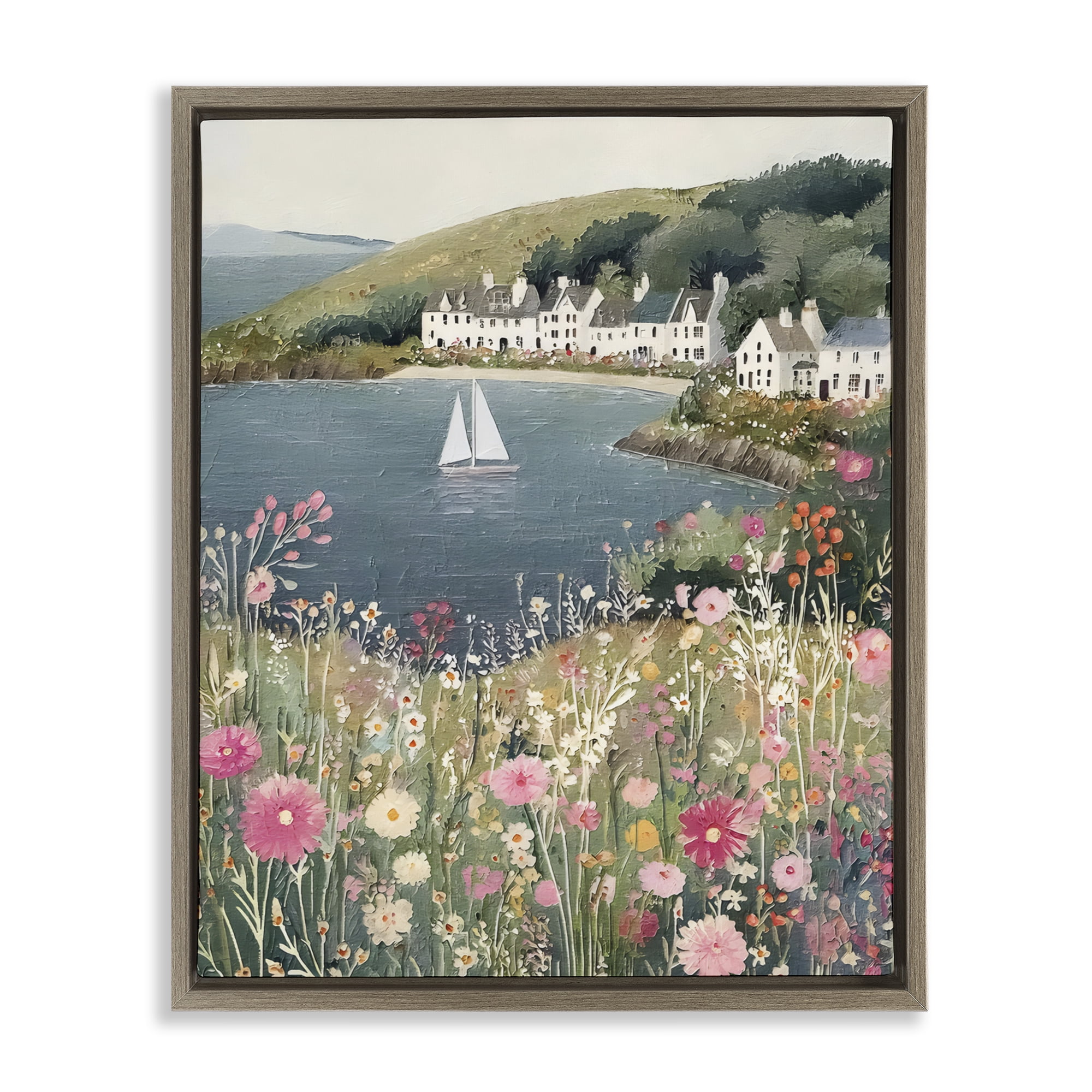 Stupell Industries Clifftop Meadow & Sailboat Brown Framed Floater Canvas Wall Art, design by Riley B
