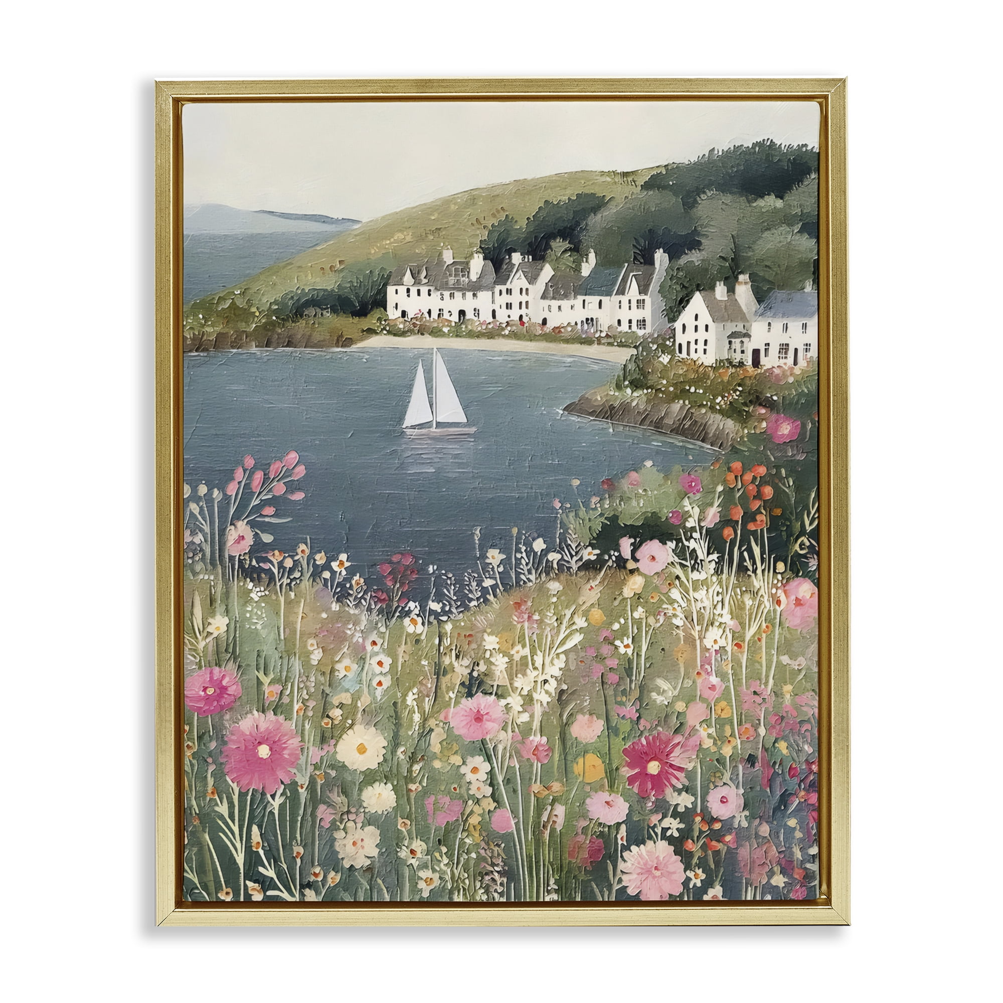 Stupell Industries Clifftop Meadow & Sailboat Gold Framed Floater Canvas Wall Art, design by Riley B