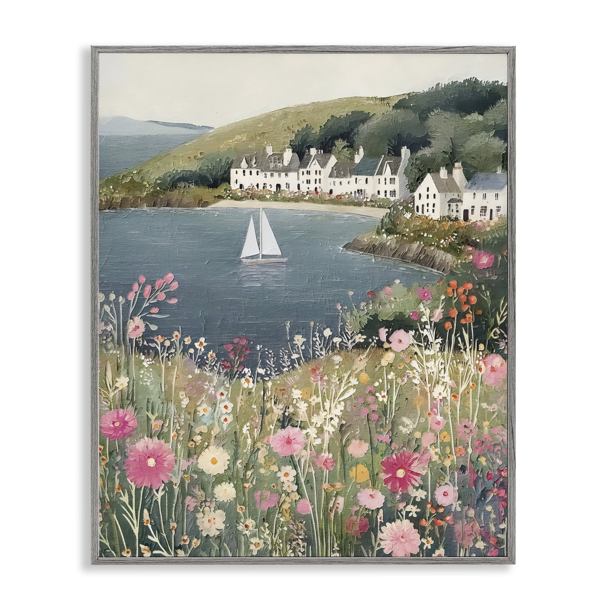 Stupell Industries Clifftop Meadow & Sailboat Gray Framed Giclee Art, design by Riley B