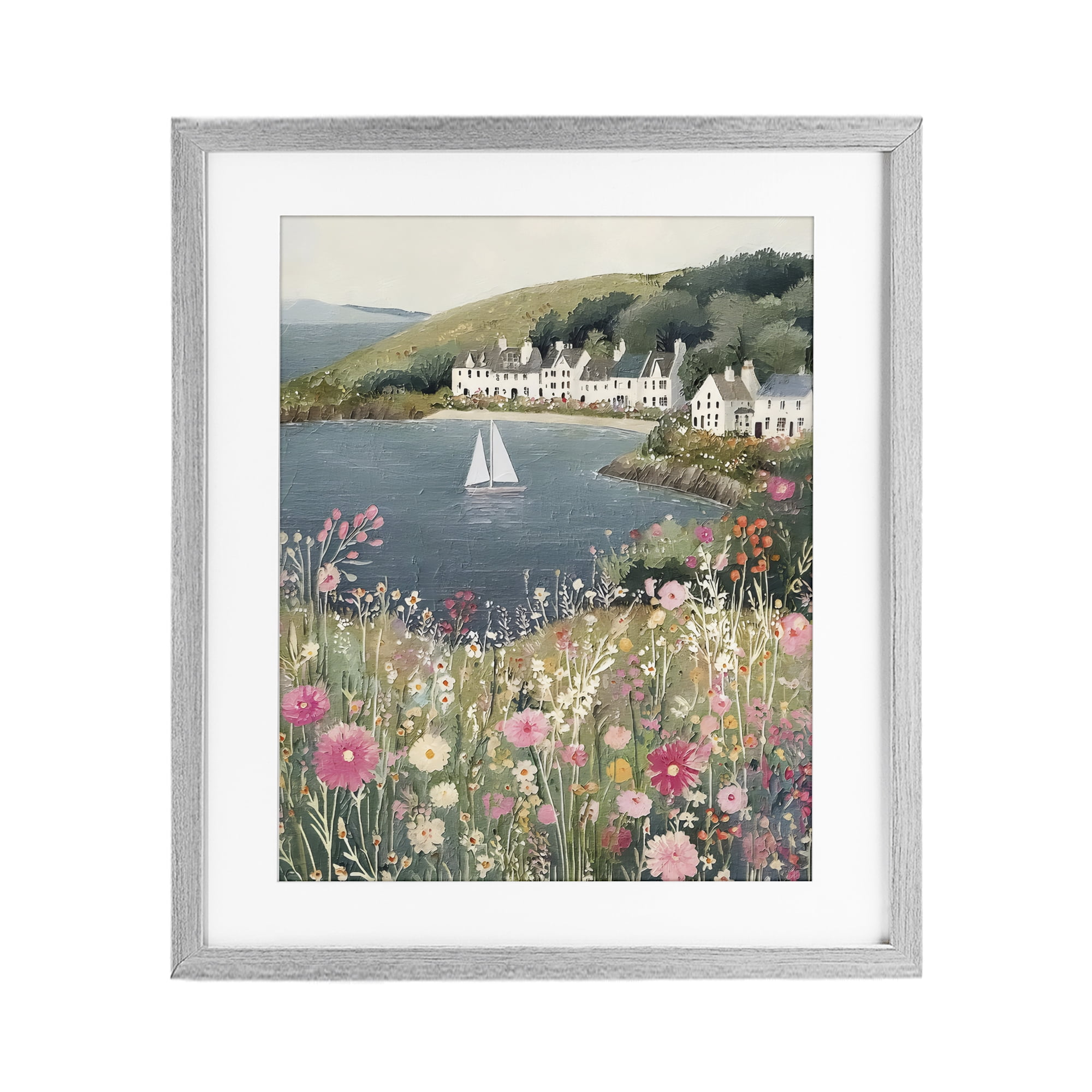 Stupell Industries Clifftop Meadow & Sailboat Gray Framed Print Under Glass, design by Riley B