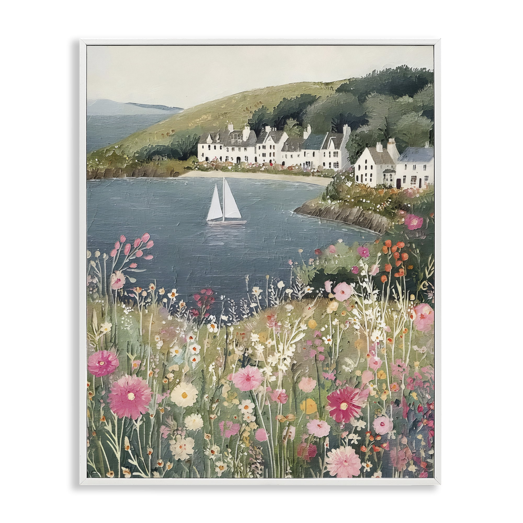 Stupell Industries Clifftop Meadow & Sailboat White Framed Giclee Art, design by Riley B