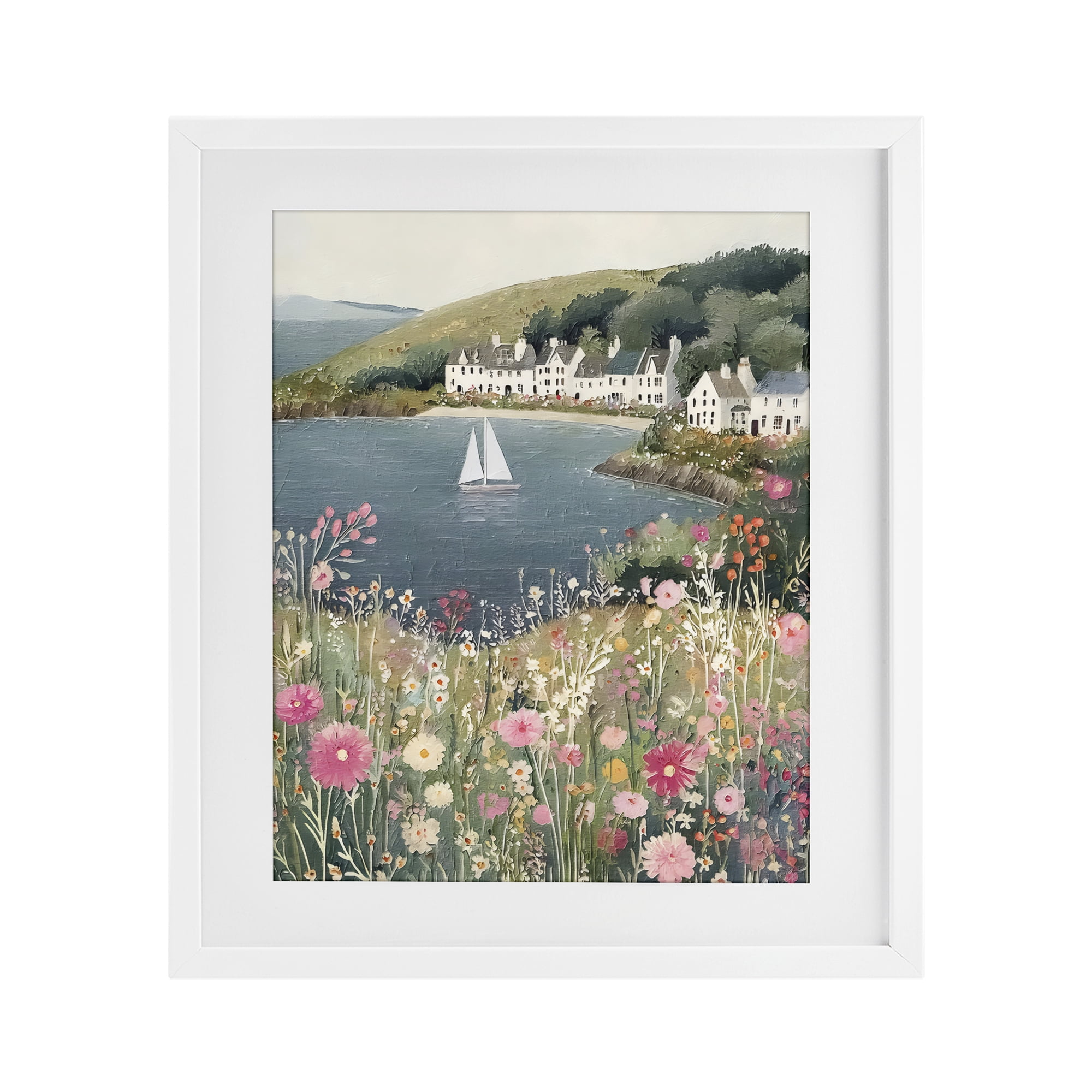 Stupell Industries Clifftop Meadow & Sailboat White Framed Print Under Glass, design by Riley B