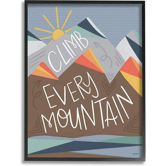 Stupell Industries Climb Every Mountain Phrase Playful Geometric Landscape Inspirational Painting Black Framed Art Print Wall Art, 11 x 14