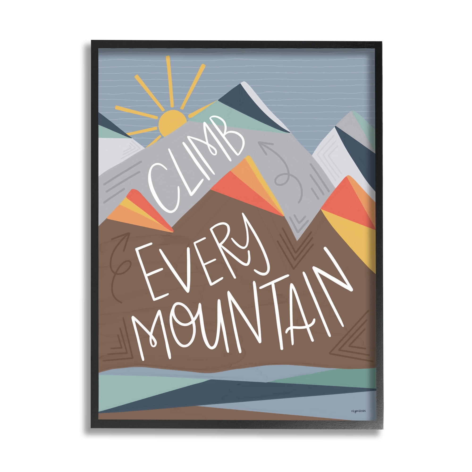 Stupell Industries Climb Every Mountain Phrase Playful Geometric Landscape Inspirational Painting Black Framed Art Print Wall Art, 24 x 30