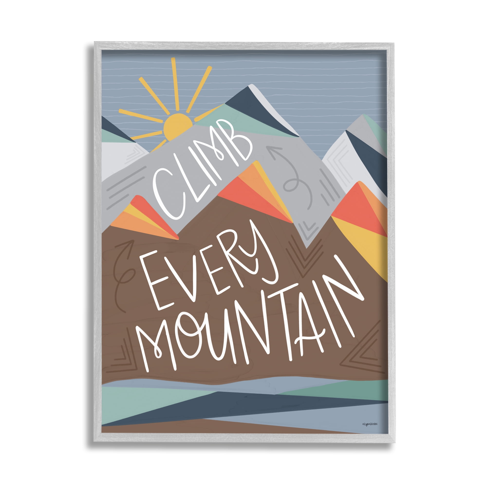 Stupell Industries Climb Every Mountain Phrase Playful Geometric Landscape Inspirational Painting Gray Framed Art Print Wall Art, 24 x 30