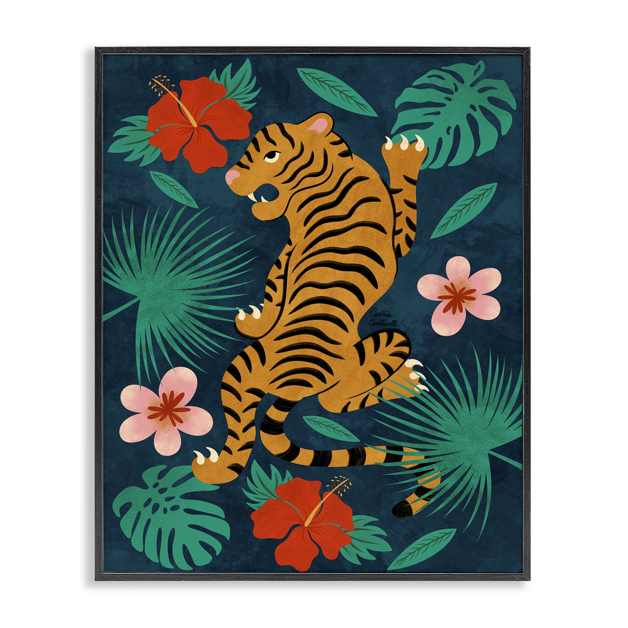 Stupell Industries Climbing Tiger Tropics Animals Painting Black Framed Art Print Wall Art, 24 x 30
