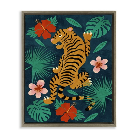 Stupell Industries Climbing Tiger Tropics Animals Painting Brown Floater Framed Canvas Art Print Wall Art, 17 x 21