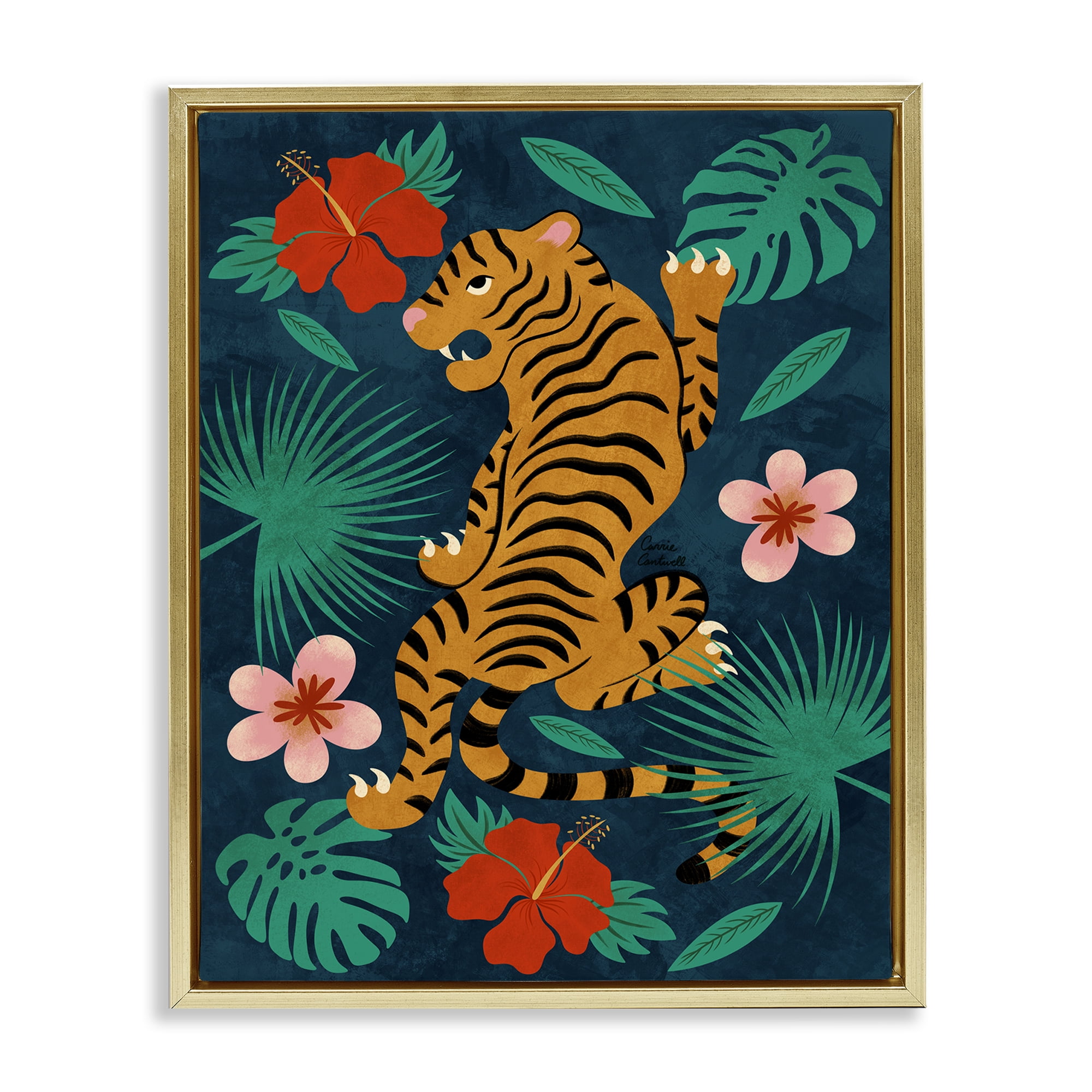 Stupell Industries Climbing Tiger Tropics Animals Painting Gold Floater Framed Canvas Art Print Wall Art, 17 x 21