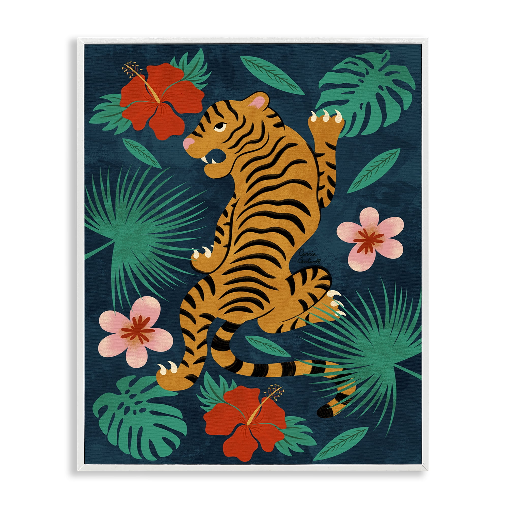 Stupell Industries Climbing Tiger Tropics Animals Painting White Framed Art Print Wall Art, 16 x 20