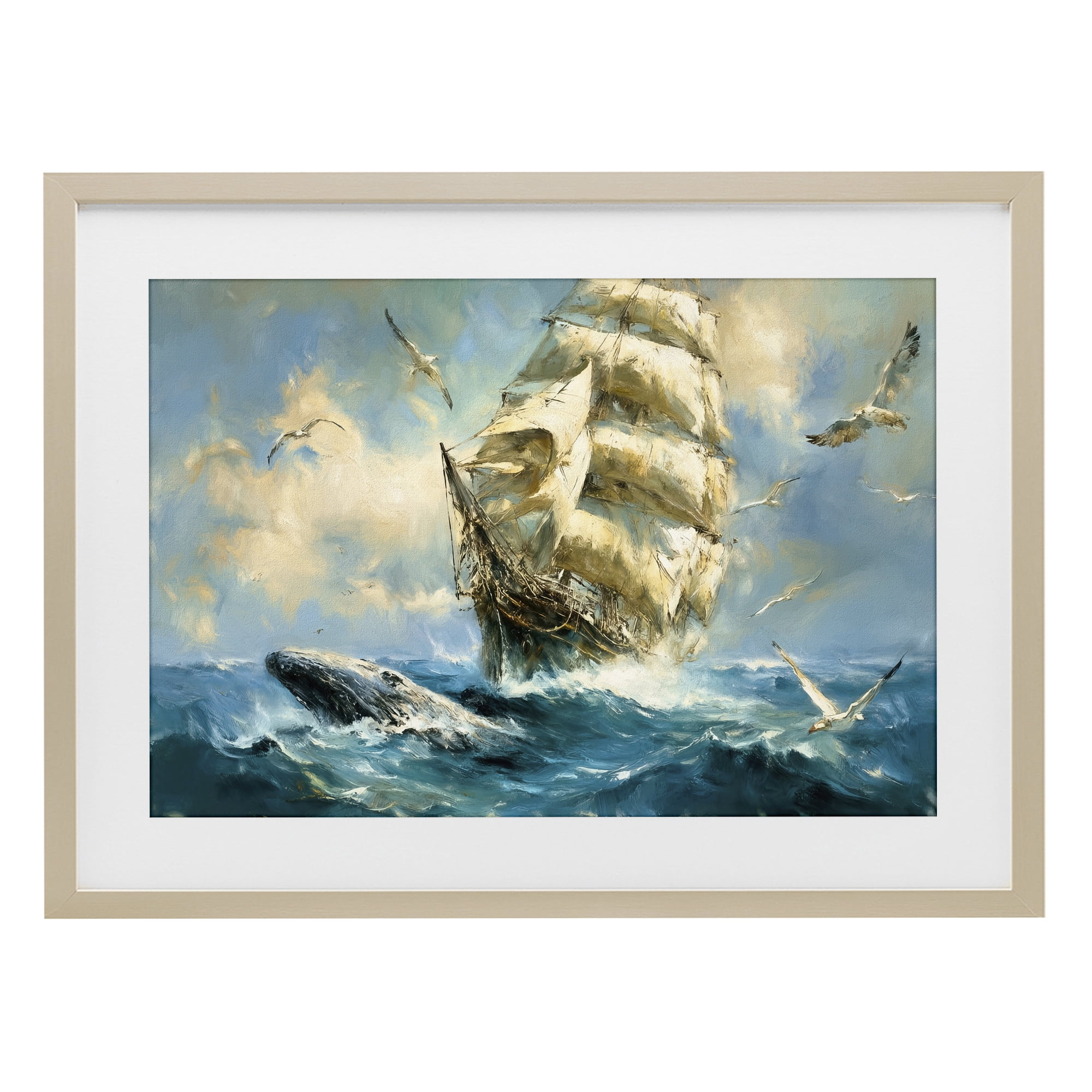 Stupell Industries Clipper Ship & The Whale Birch Framed Print Under Glass, design by Tina LeCour