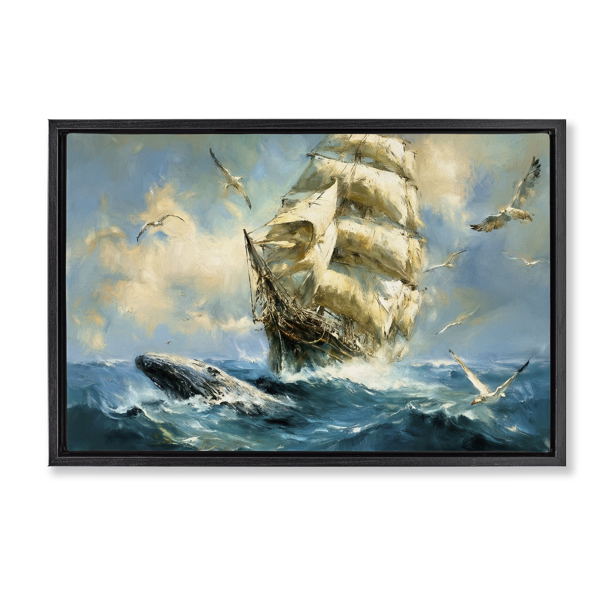 Stupell Industries Clipper Ship & The Whale Black Framed Floater Canvas Wall Art, design by Tina LeCour