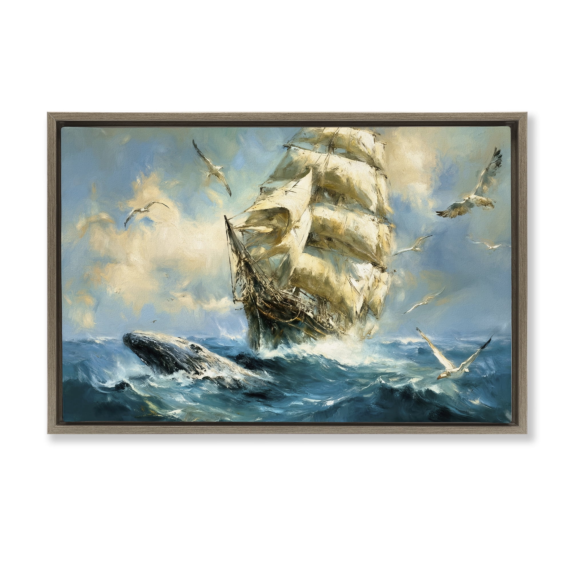 Stupell Industries Clipper Ship & The Whale Brown Framed Floater Canvas Wall Art, design by Tina LeCour