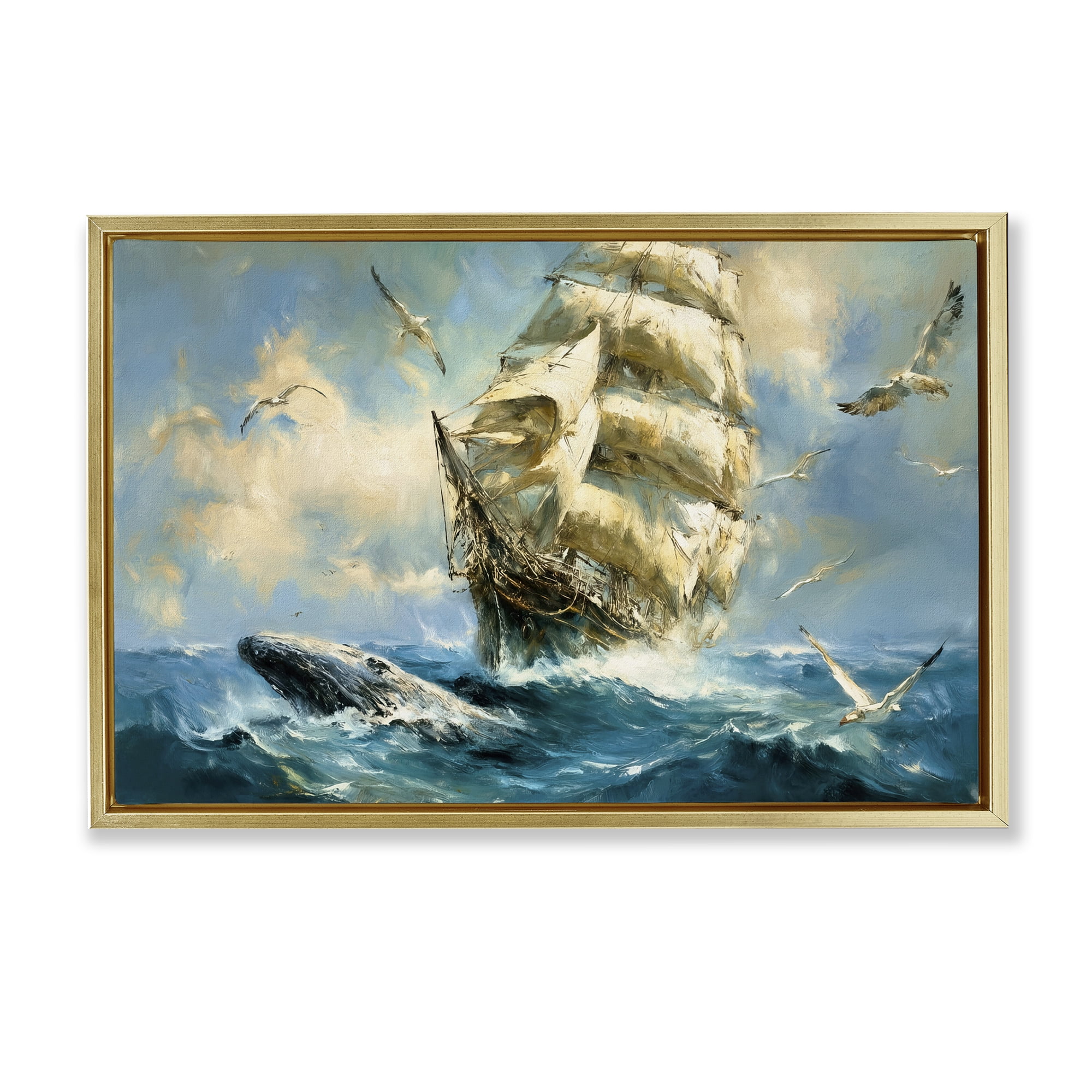 Stupell Industries Clipper Ship & The Whale Gold Framed Floater Canvas Wall Art, design by Tina LeCour