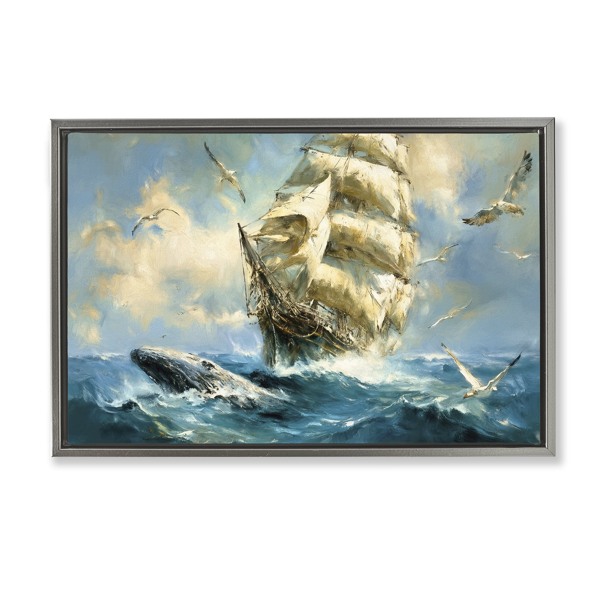 Stupell Industries Clipper Ship & The Whale Gray Framed Floater Canvas Wall Art, design by Tina LeCour