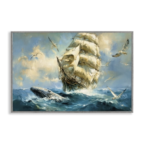 Stupell Industries Clipper Ship & The Whale Gray Framed Giclee Art, design by Tina LeCour