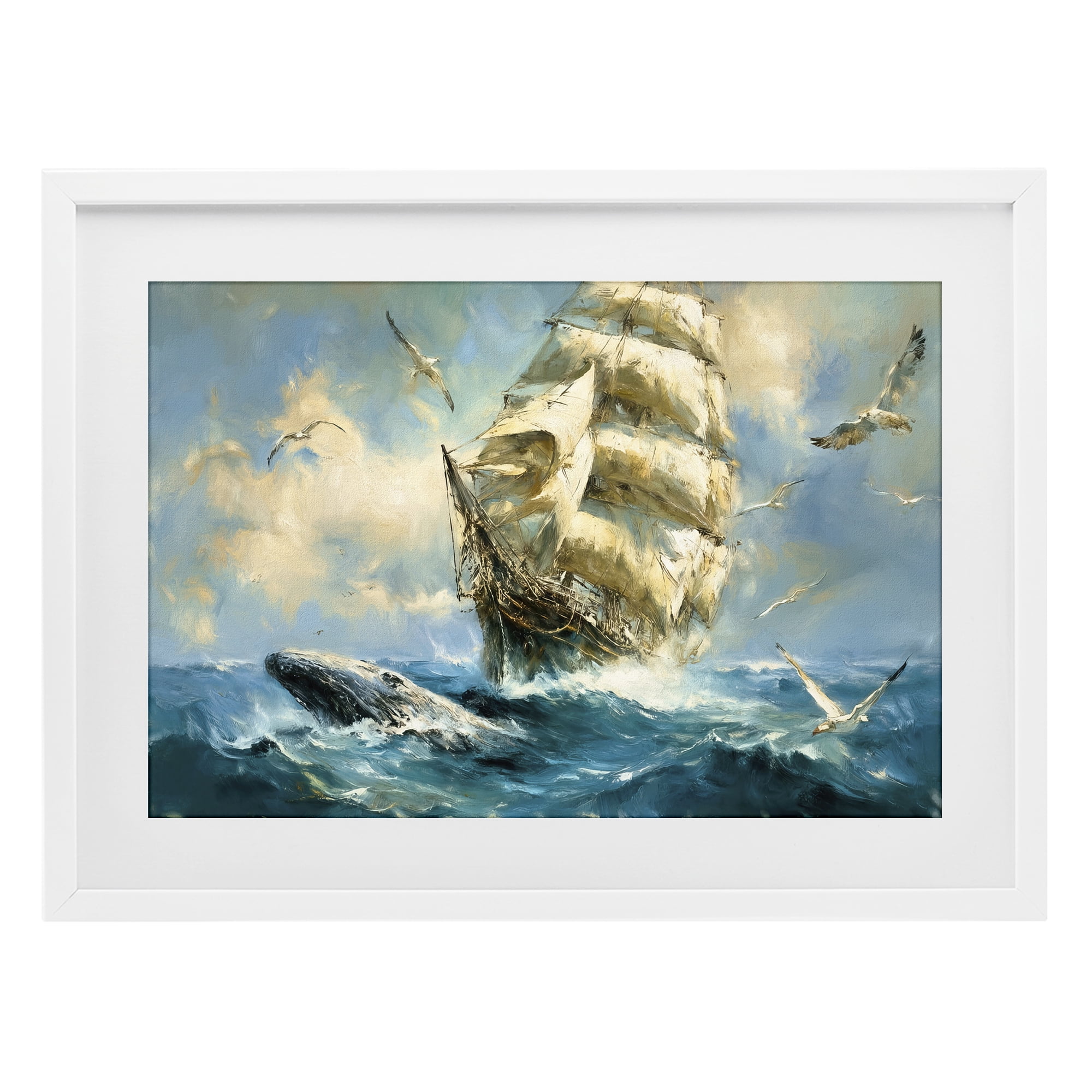 Stupell Industries Clipper Ship & The Whale White Framed Print Under Glass, design by Tina LeCour