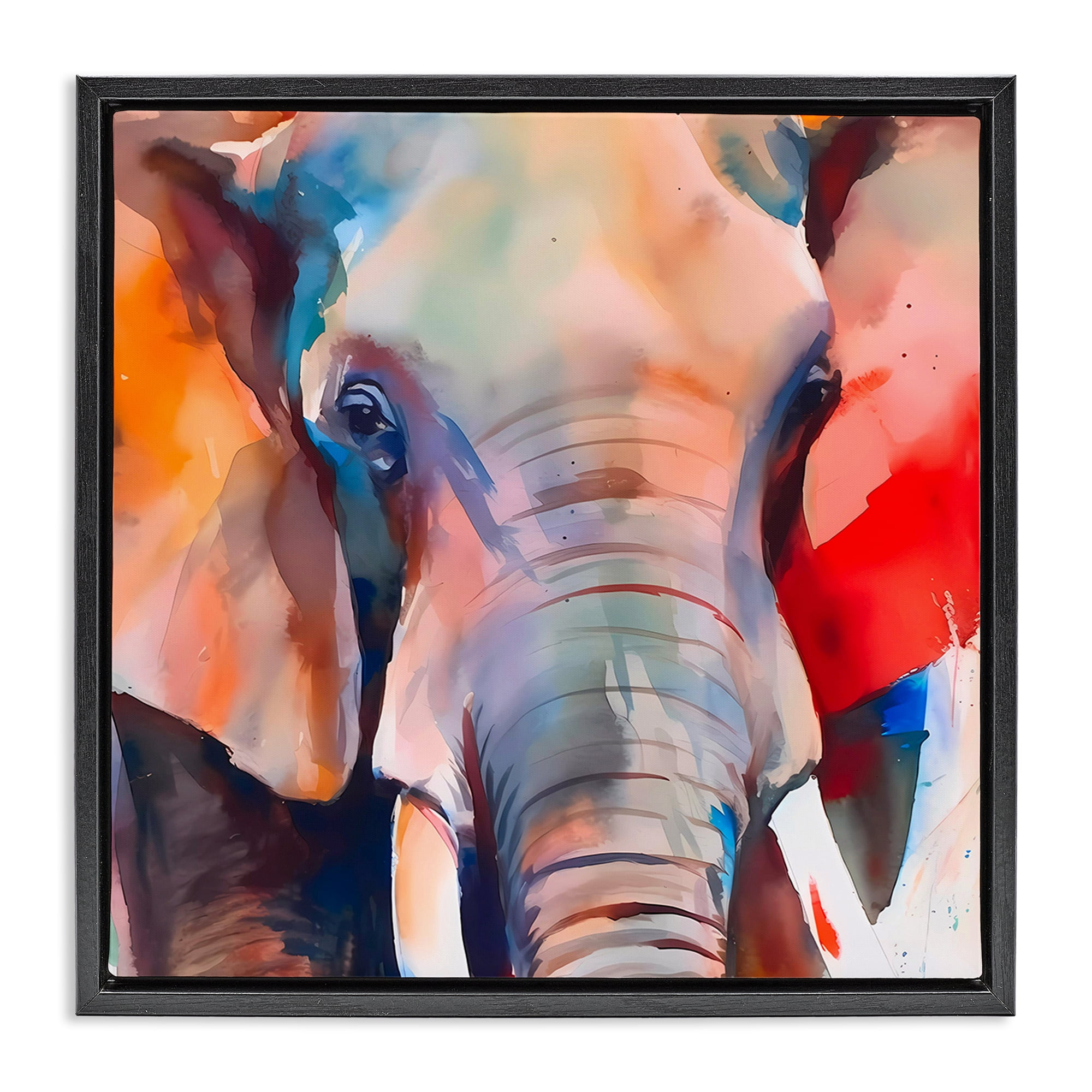 Stupell Industries Close Up Elephant Face Animals & Insects Painting Black Floater Framed Canvas Art Print Wall Art, 18 x 18
