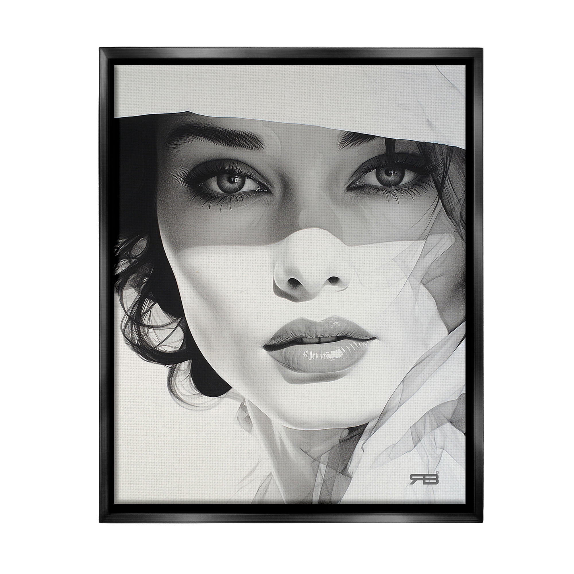 Stupell Industries Close Up Fashion Portrait Beauty & Fashion Painting Black Floater Framed Canvas Art Print Wall Art, 17 x 21