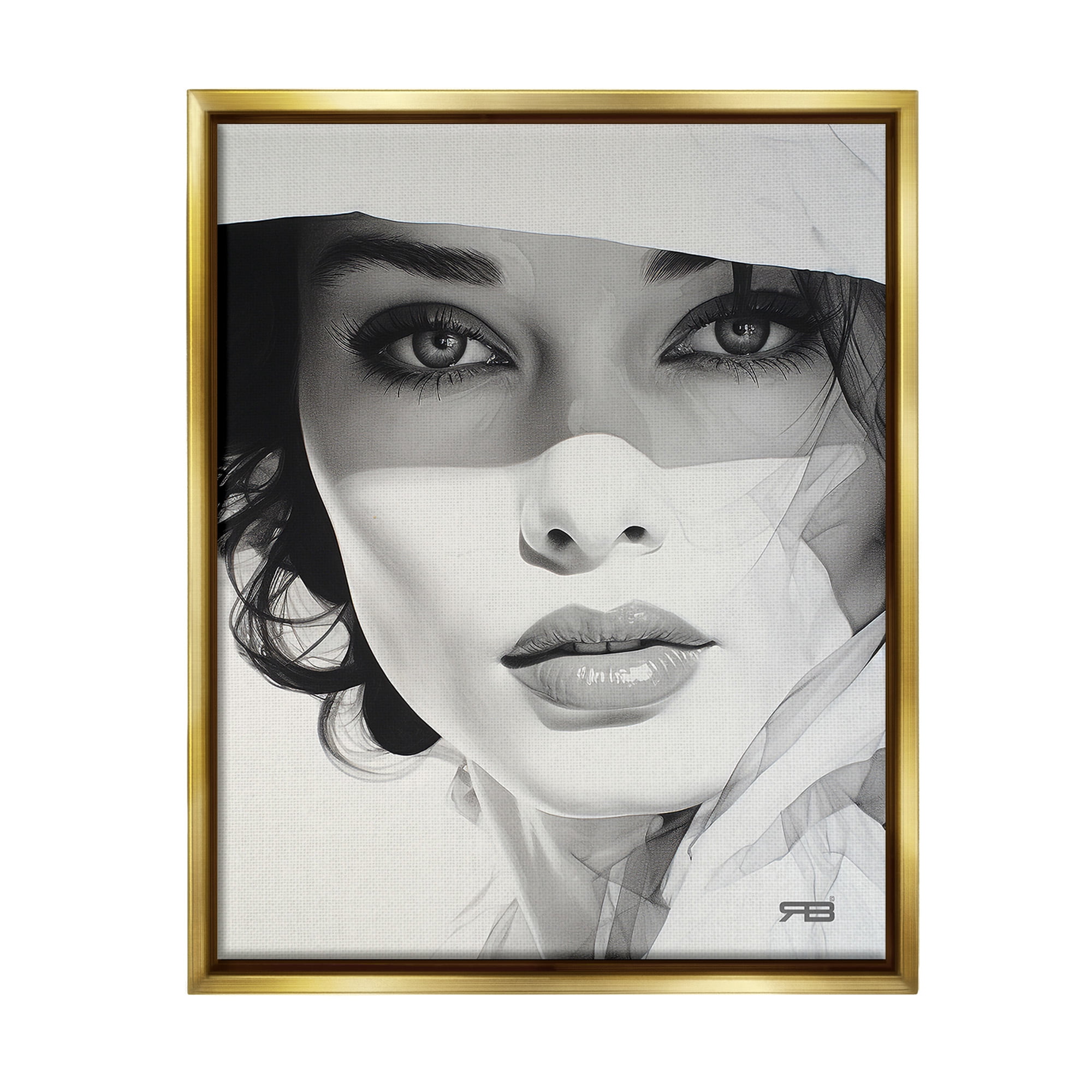 Stupell Industries Close Up Fashion Portrait Beauty & Fashion Painting Gold Floater Framed Canvas Art Print Wall Art, 17 x 21